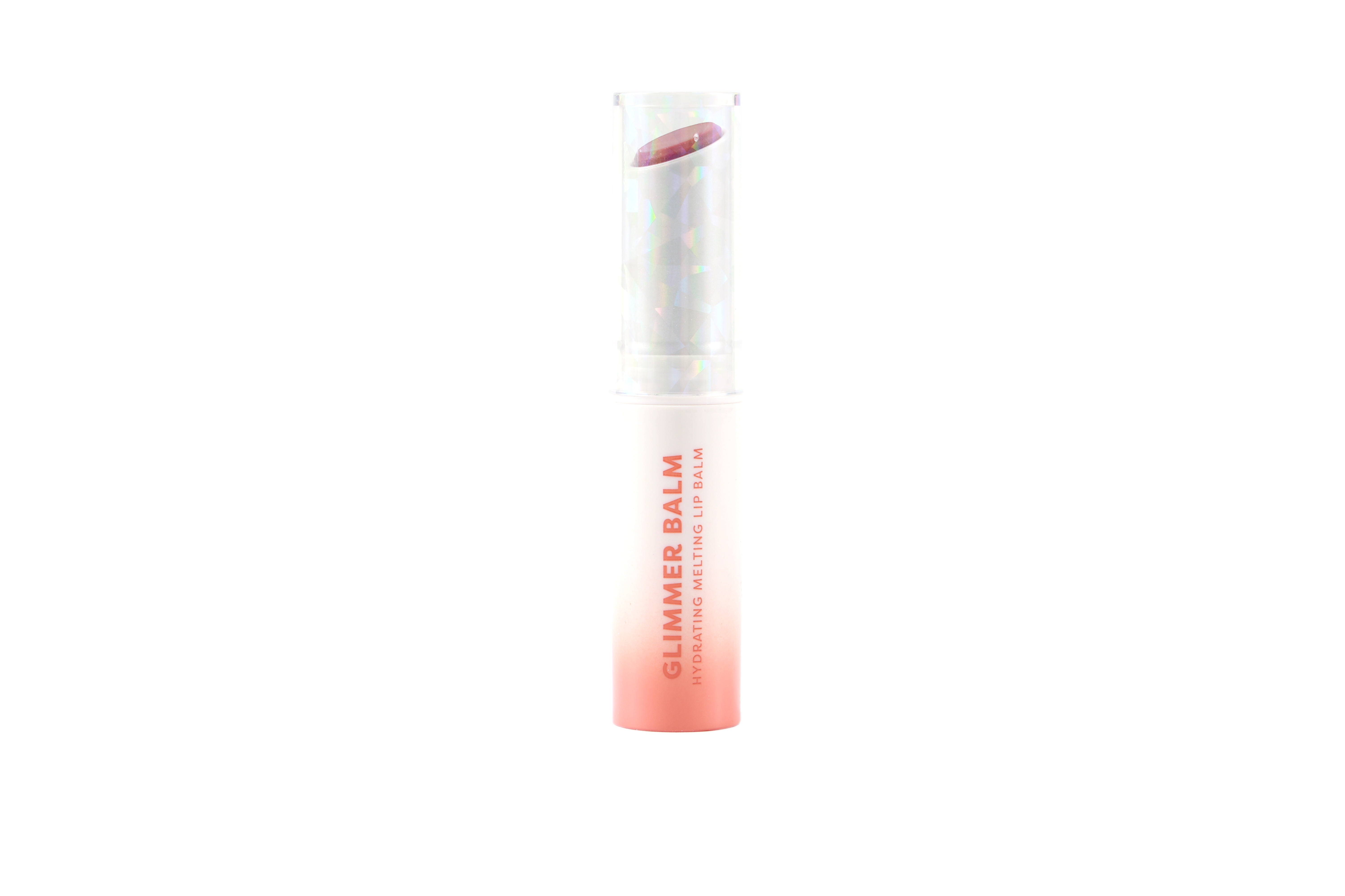 Profusion Cosmetics Glimmer Balm hydrating melting lip balm in coral, smooth and shiny lip hydration with a glossy finish.