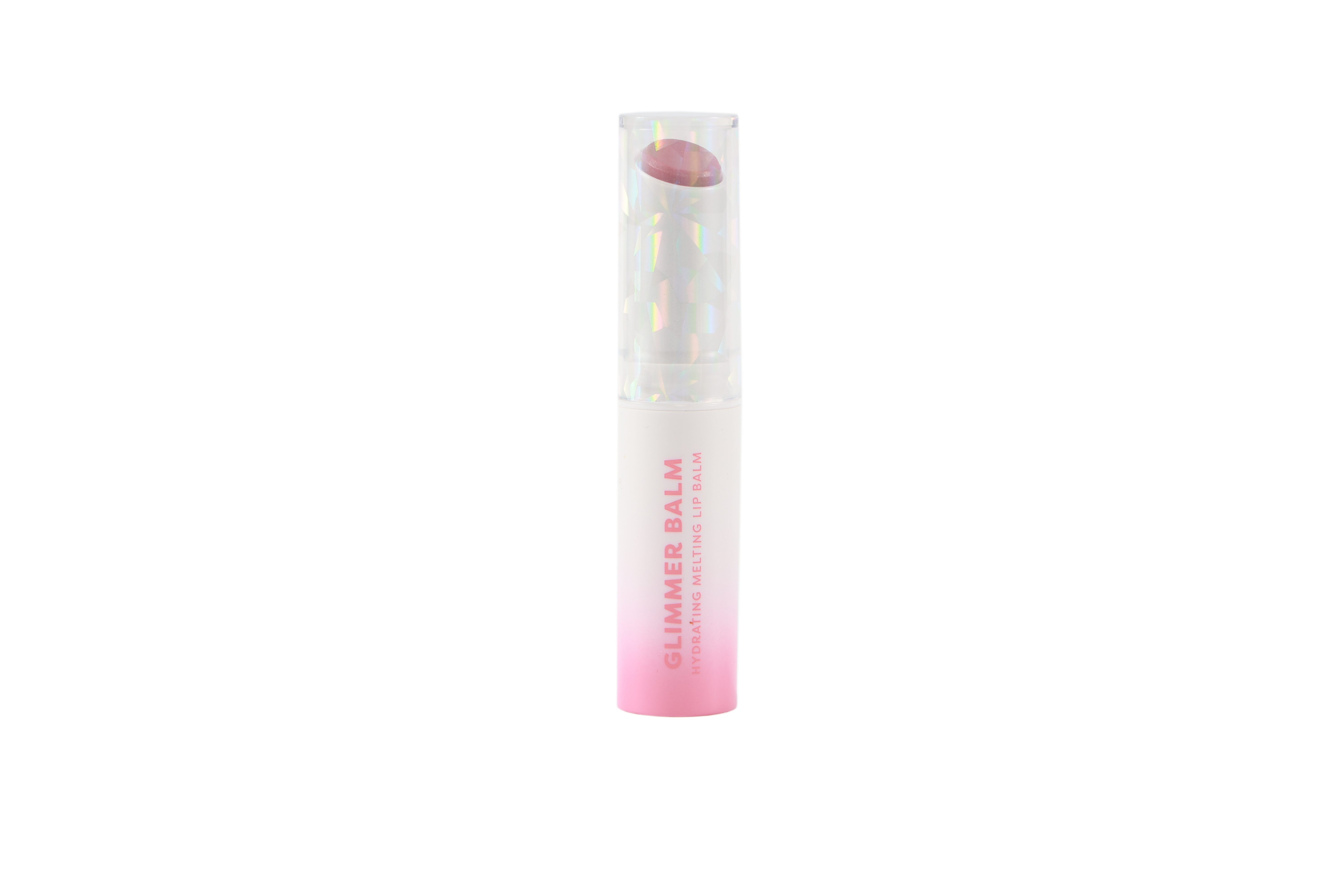 Profusion Cosmetics Glimmer Balm hydrating melting lip balm in coral, with a shiny, glossy finish on lips.