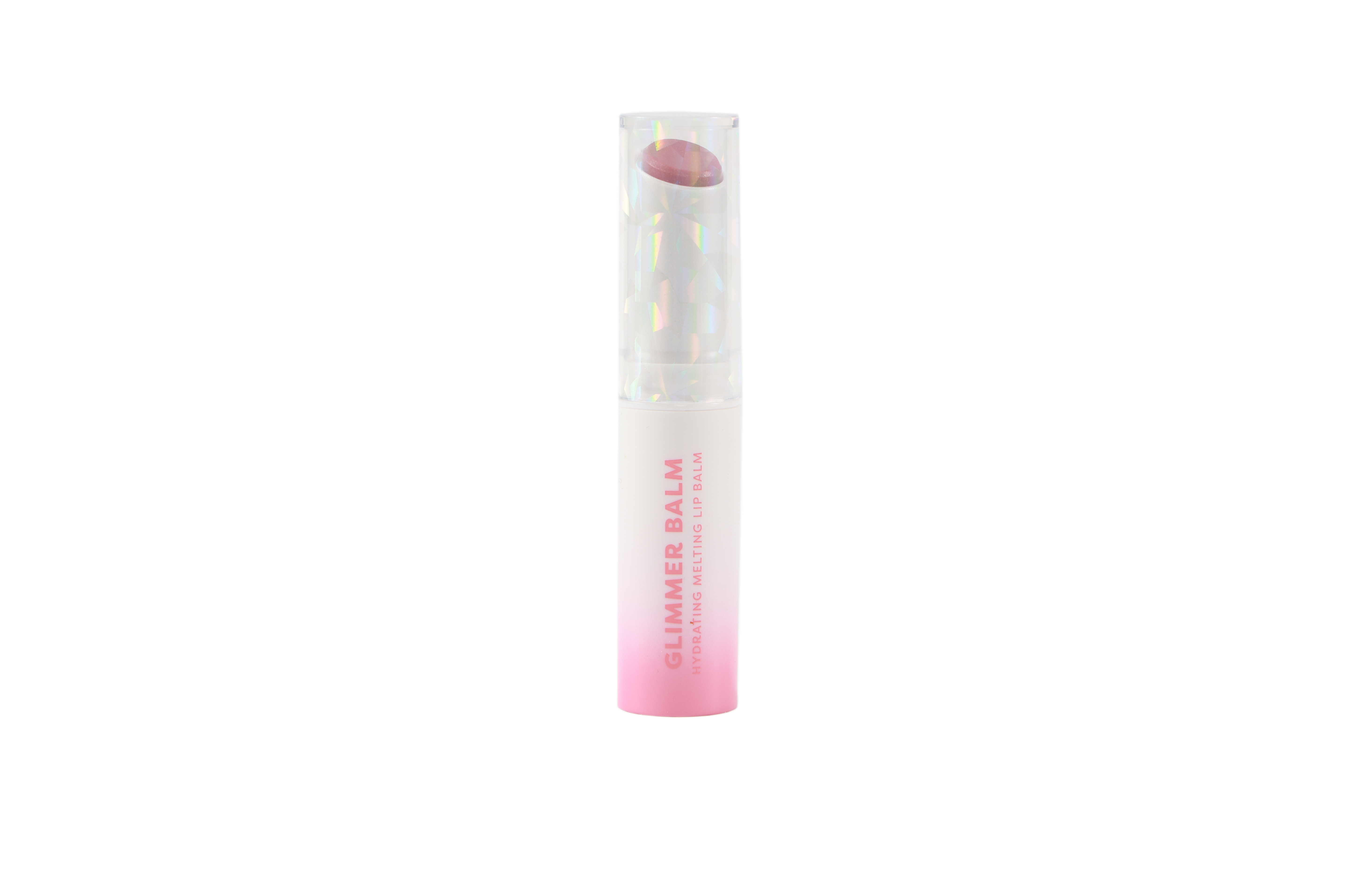 Profusion Cosmetics Glimmer Balm hydrating melting lip balm in coral, with a shiny, glossy finish on lips.