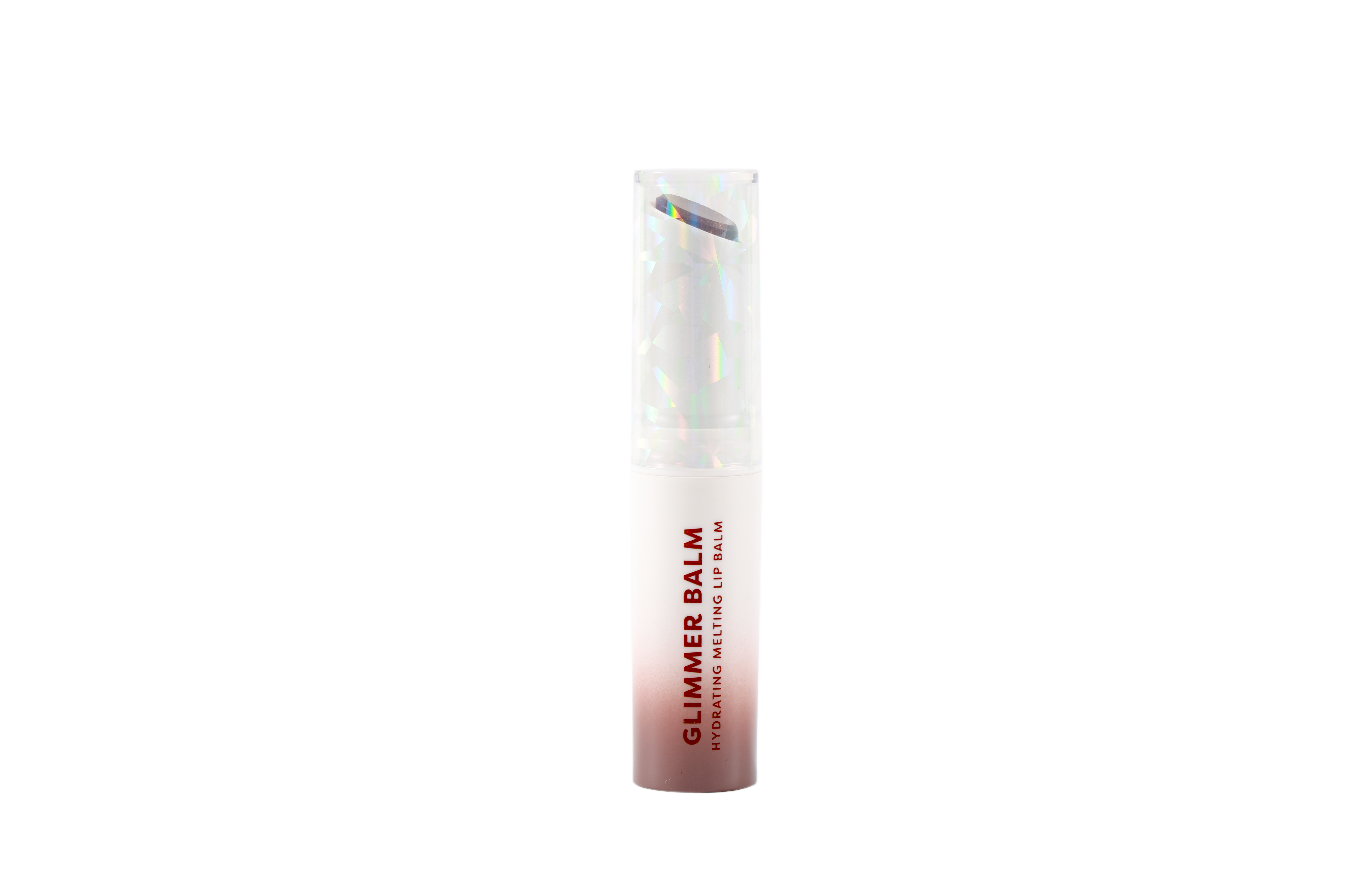 Profusion Cosmetics Glimmer Balm Hydrating Melting Lip Balm in coral, featuring a smooth, glossy lip finish.
