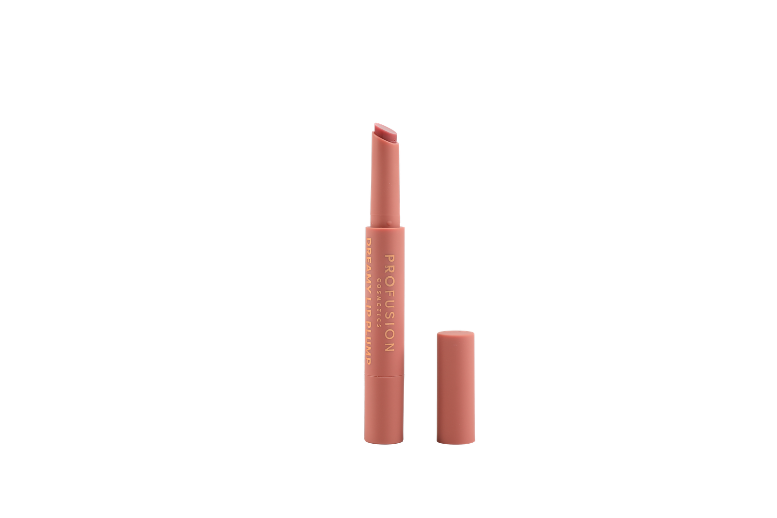 Profusion Cosmetics Dreamy Lip Plump in cozy nude shade, featuring glossy lips with a smooth, plumping effect.