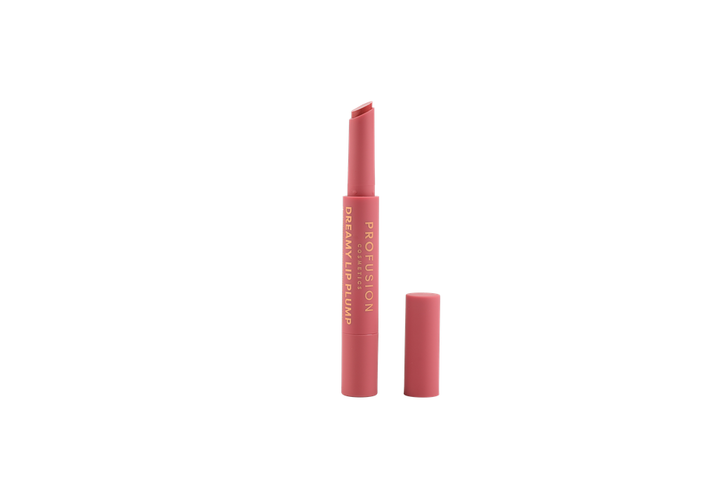 Profusion Cosmetics Dreamy Lip Plump with nude lips and glossy finish, showcasing a soft, plump lip look.