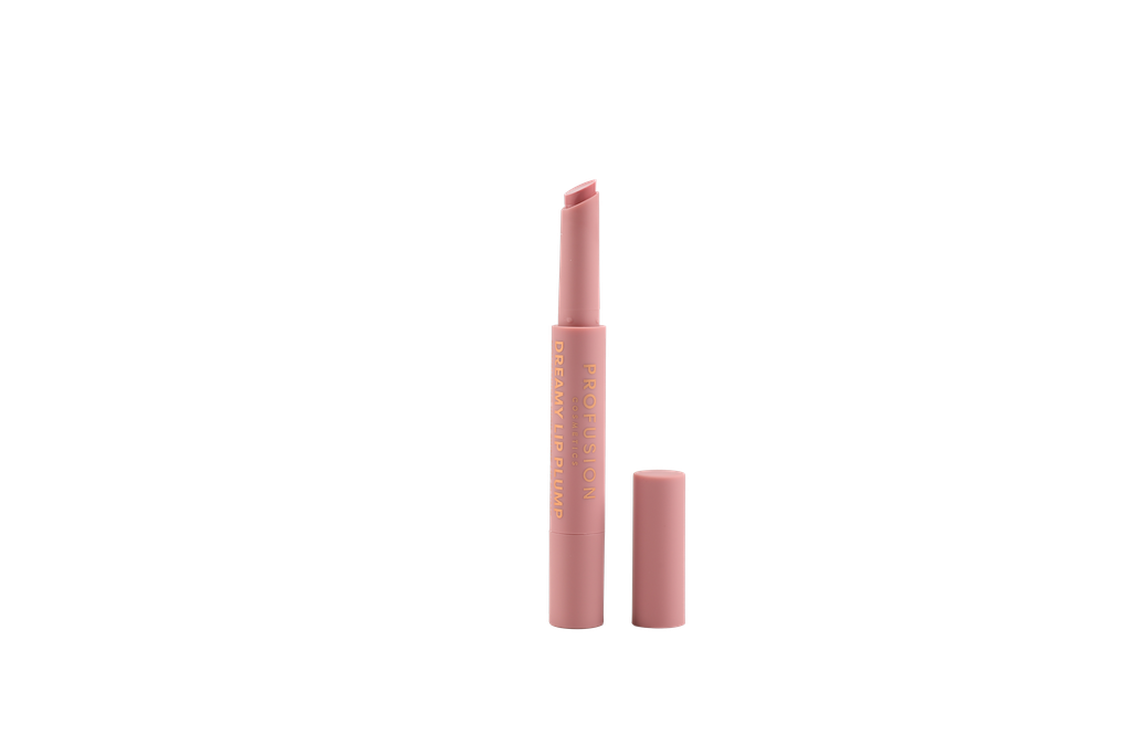 Profusion Cosmetics Dreamy Lip Plump in cozy nude shade, showing smooth, glossy lips with subtle plumping effect.