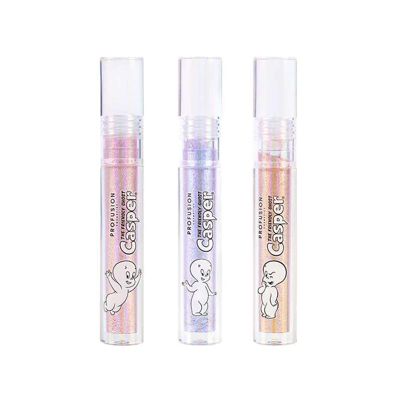 Casper the Friendly Ghost Glitter Lip Topper set by Profusion Cosmetics, featuring three shimmering lip glosses in playful ghost-themed packaging.
