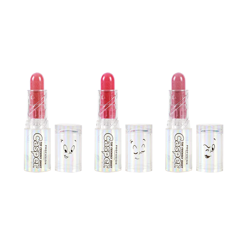 Profusion Cosmetics Casper the Friendly Ghost Lip and Cheek Balm Set with three moisturizing balms in playful ghost-themed packaging.