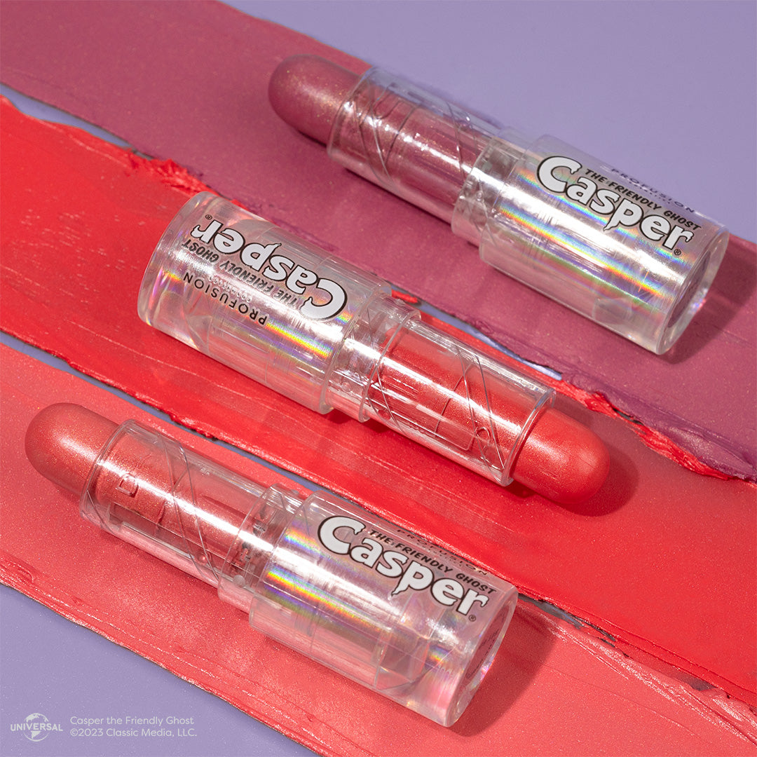 Profusion Cosmetics Casper the Friendly Ghost 3-piece lip and cheek balm set with colorful packaging and product tubes.