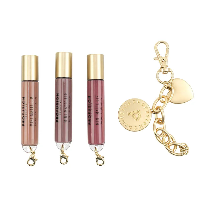 Profusion Cosmetics Charming Lips Set featuring a variety of lip colors and finishes displayed on a neutral surface.