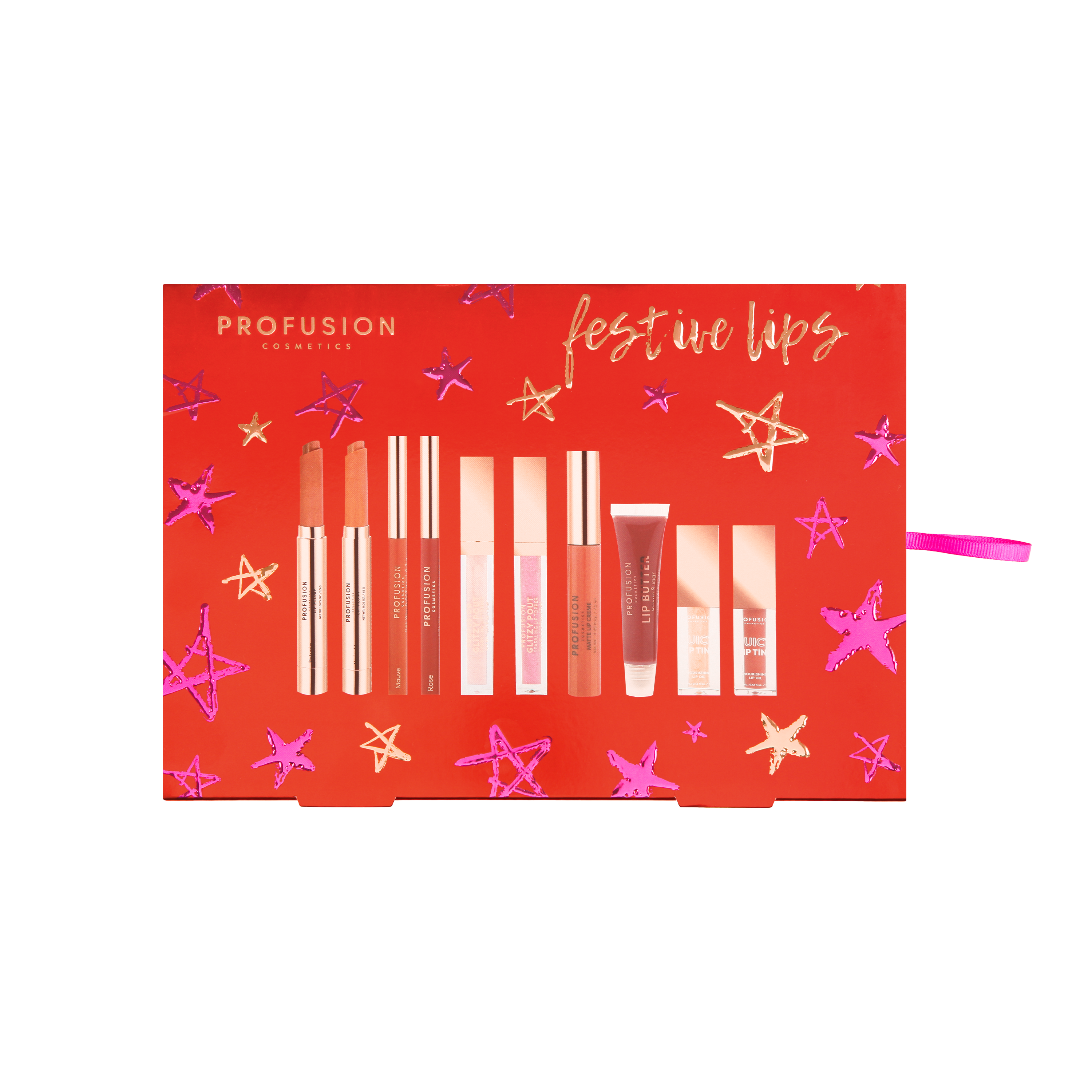 Crimson Festive Lips 10-piece lip collection by Profusion Cosmetics featuring vibrant red lipstick shades.