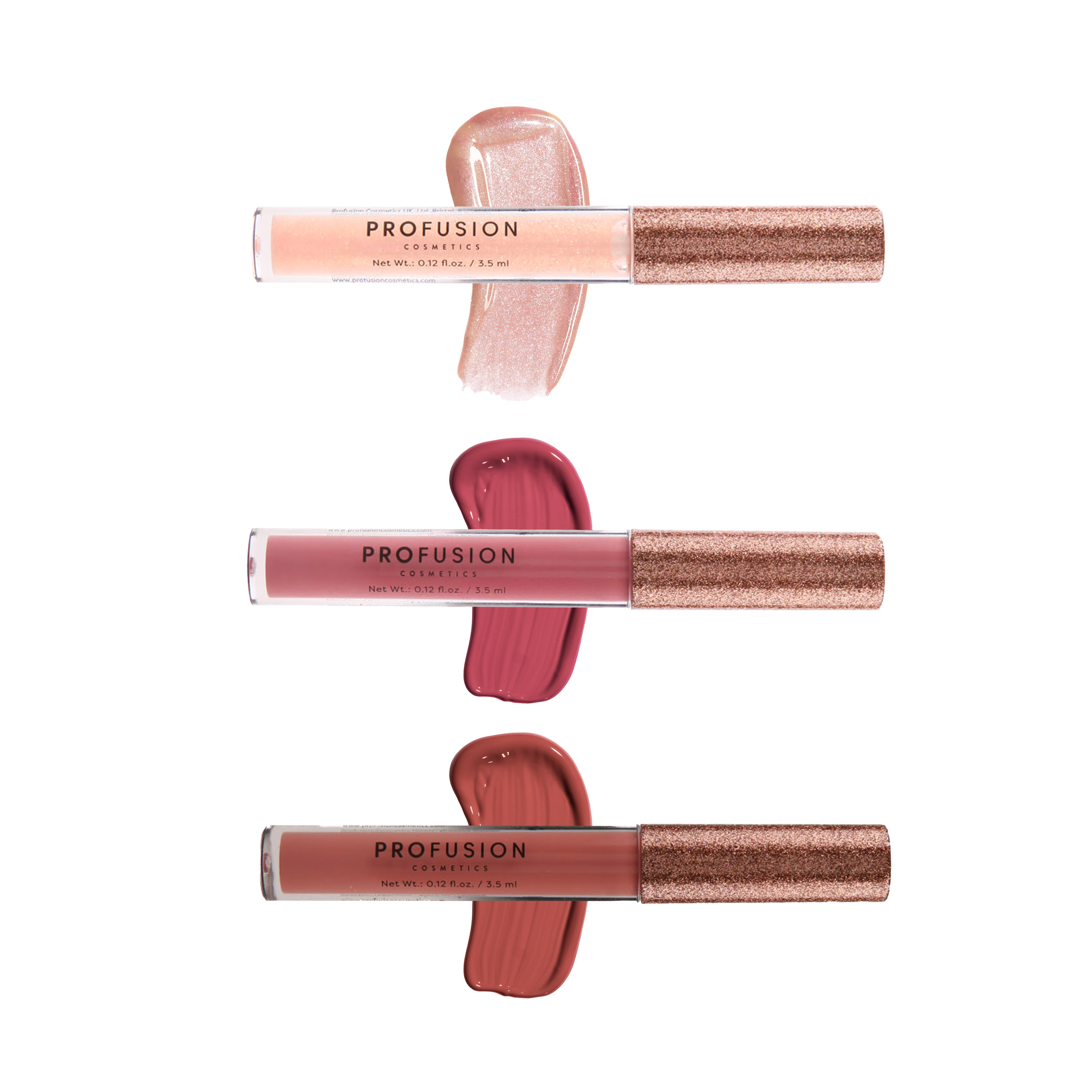 Profusion Cosmetics Crimson Perfect Pout 3-piece lip gloss set with shiny, vibrant lip glosses in clear packaging.