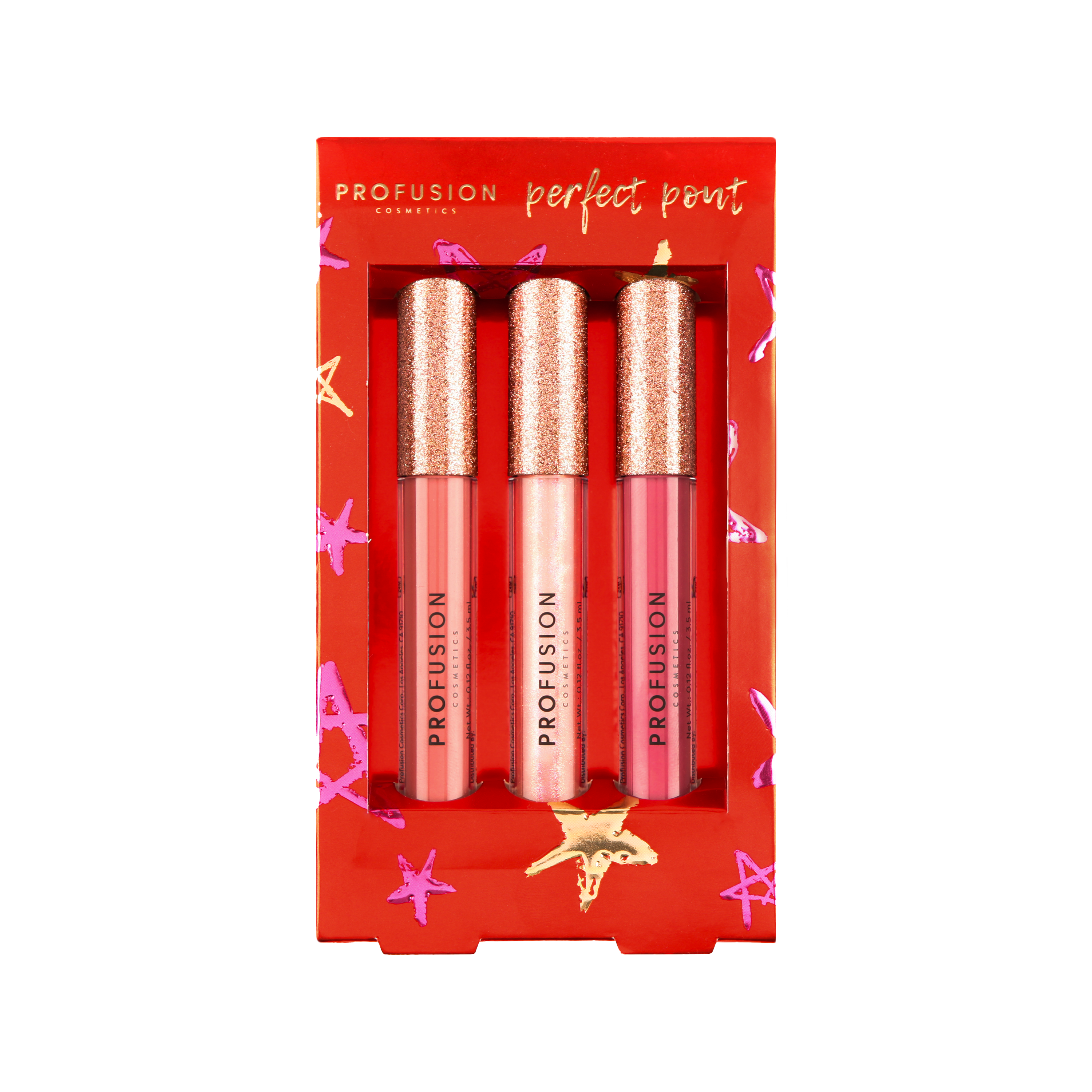 Profusion Cosmetics Crimson Perfect Pout 3-Piece Lip Gloss Set featuring three glossy lip products in vibrant shades.