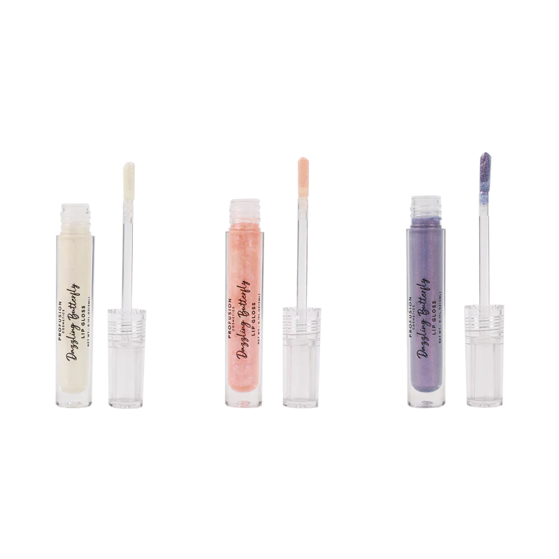 Profusion Cosmetics Empowered Butterfly Glassy Lip Gloss Set featuring shimmering, hydrating lip glosses in vibrant shades.