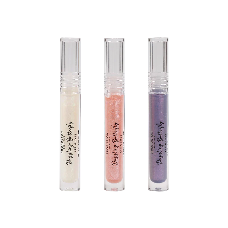 Profusion Cosmetics Empowered Butterfly Glassy Lip Gloss Set featuring shiny, smooth lip glosses in vibrant shades.