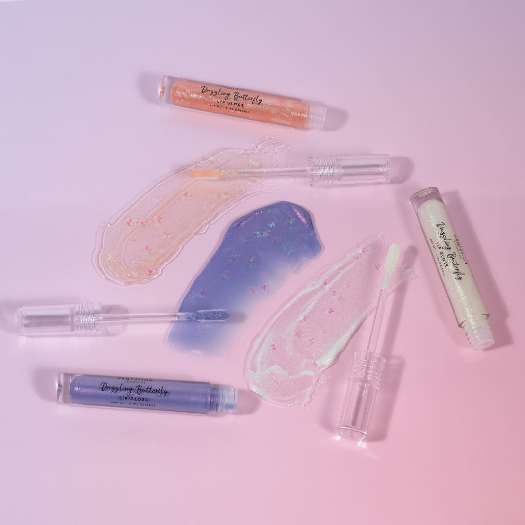 Profusion Cosmetics Empowered Butterfly glassy lip gloss set with shiny, smooth lips in a natural beauty shot.
