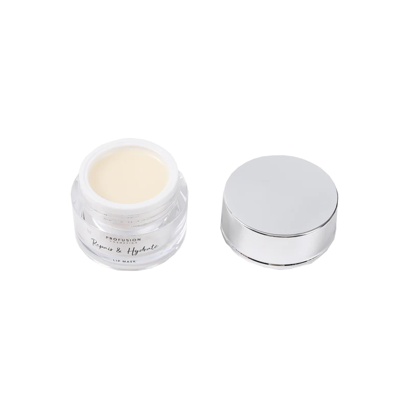 Profusion Cosmetics Empowered Butterfly Repair & Hydrate Lip Mask shown on lips with glossy finish and butterfly logo design.
