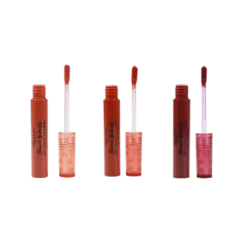 Profusion Cosmetics Empowered Butterfly Soft Matte Lip Crème set featuring vibrant lipstick shades displayed on a neutral background.