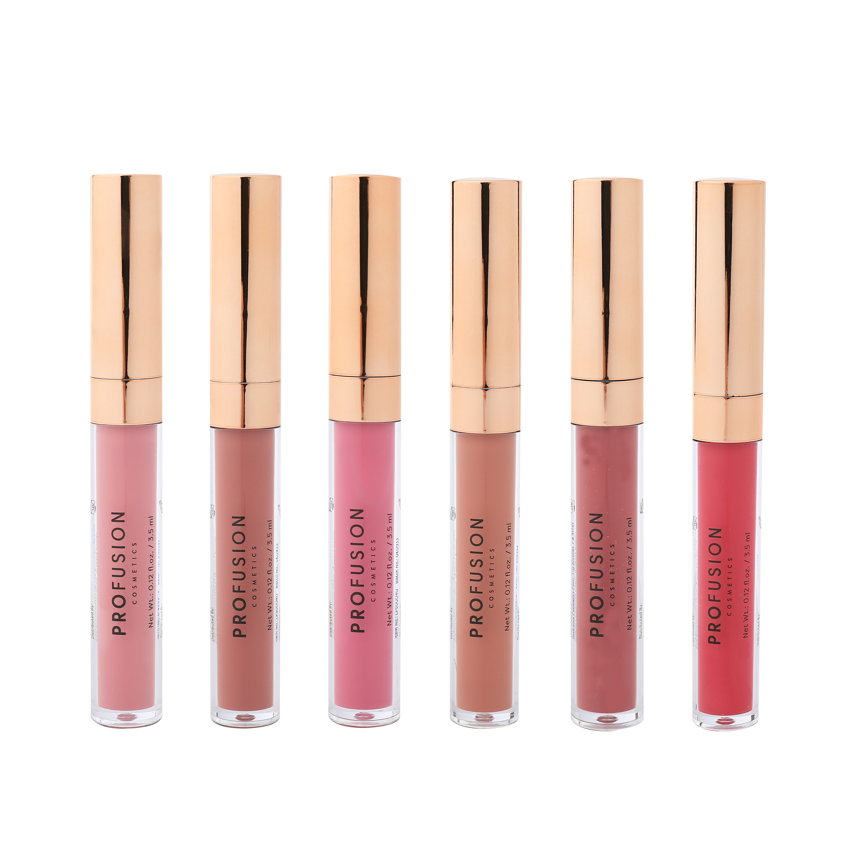 Profusion Cosmetics Glossy Pout 6-piece lip gloss set with shiny, colorful lip glosses displayed on a white background.