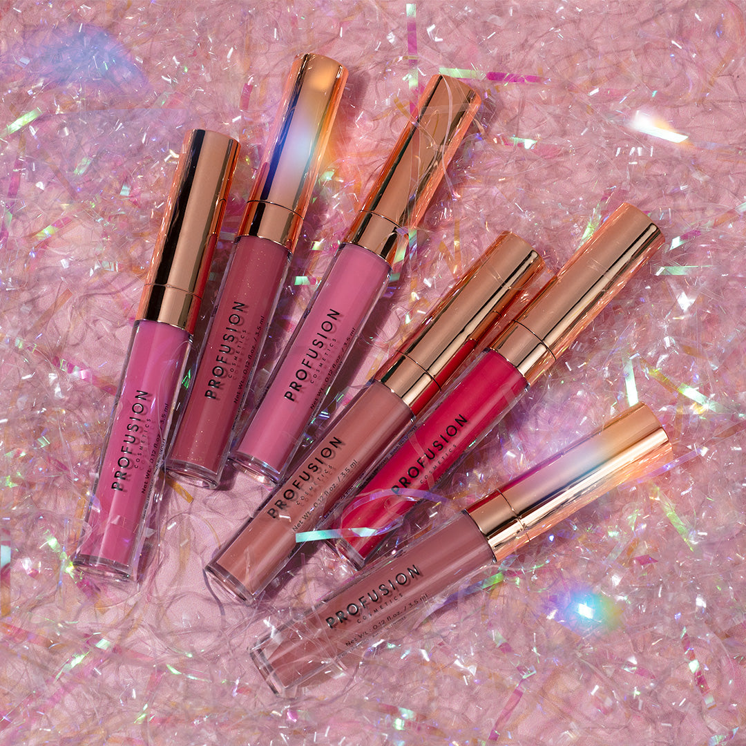 Profusion Cosmetics Glossy Pout 6-piece lip gloss set with shiny, colorful lip glosses displayed in the image.