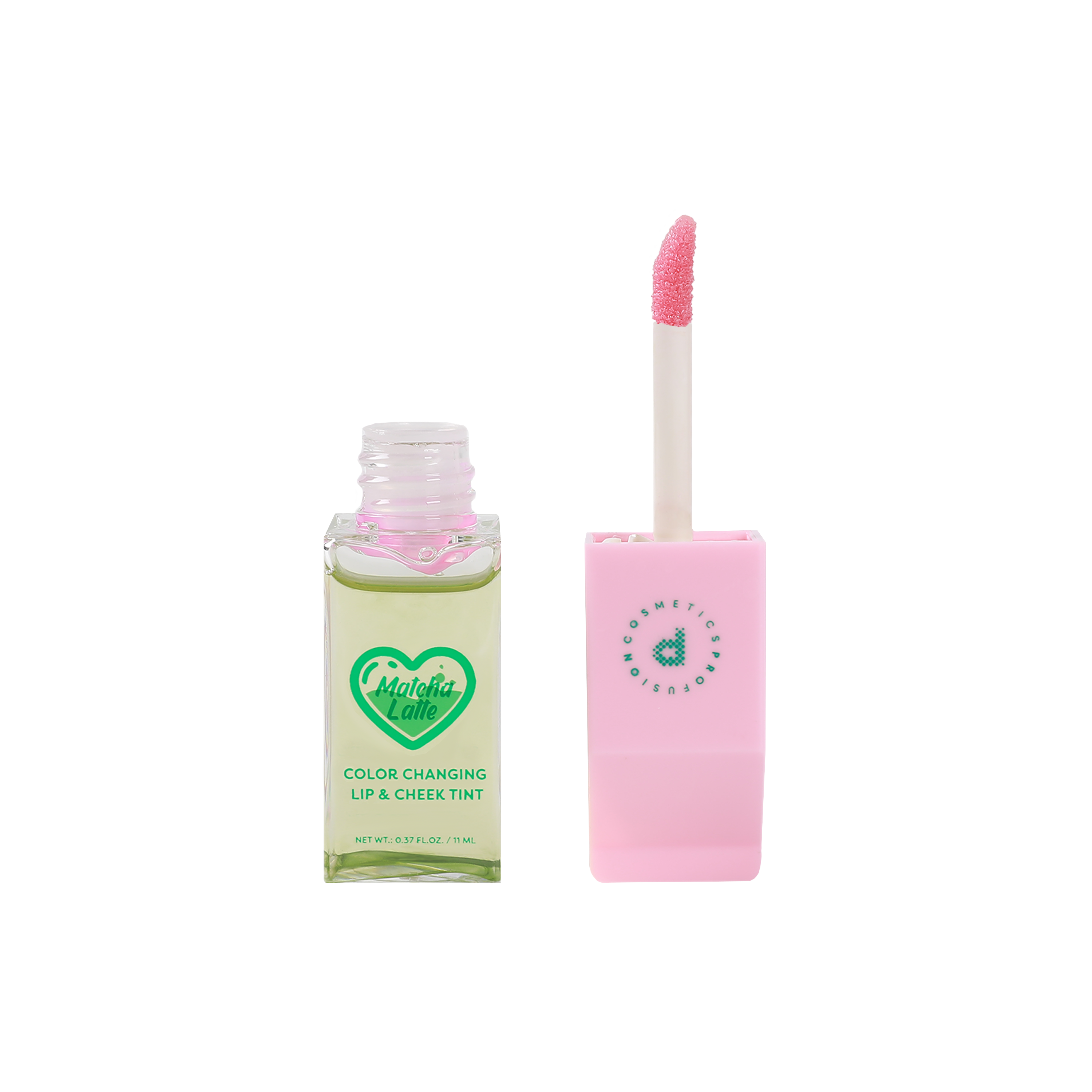 Profusion Cosmetics Matcha Latte color-changing lip and cheek tint applied on lips and cheeks, showcasing natural pink shades.