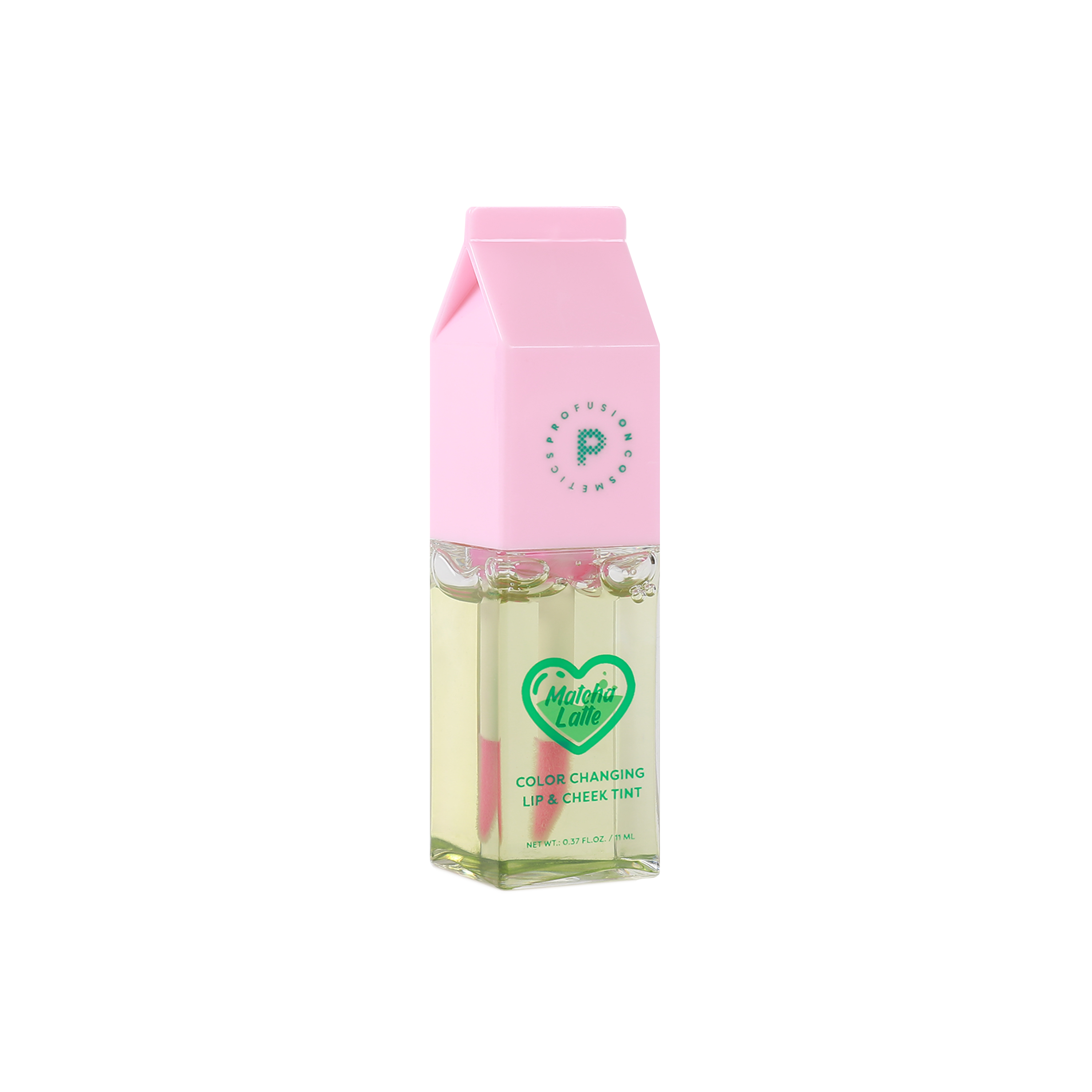 Profusion Cosmetics Matcha Latte color-changing lip and cheek tint with lips visible, demonstrating natural color transformation.