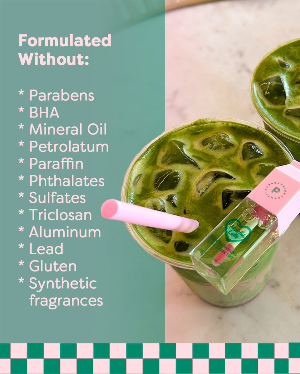 Profusion Cosmetics Matcha Latte color-changing lip and cheek tint applied on lips, showcasing natural color transformation and glossy finish.