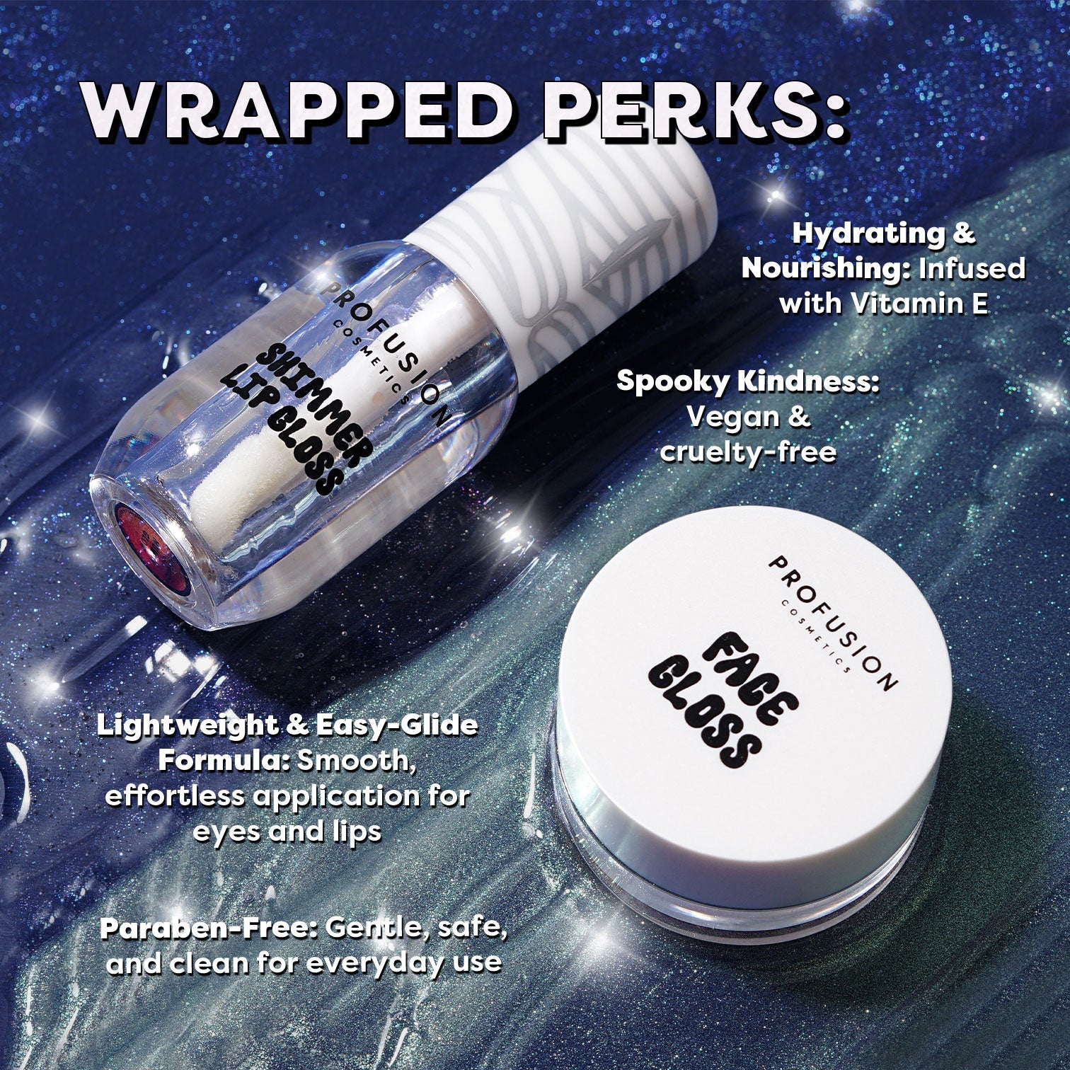 Profusion Cosmetics Monster Bash Mummy Glow luminous face and lip gloss duo, featuring shiny, glowing lips and face with mummy-inspired design.