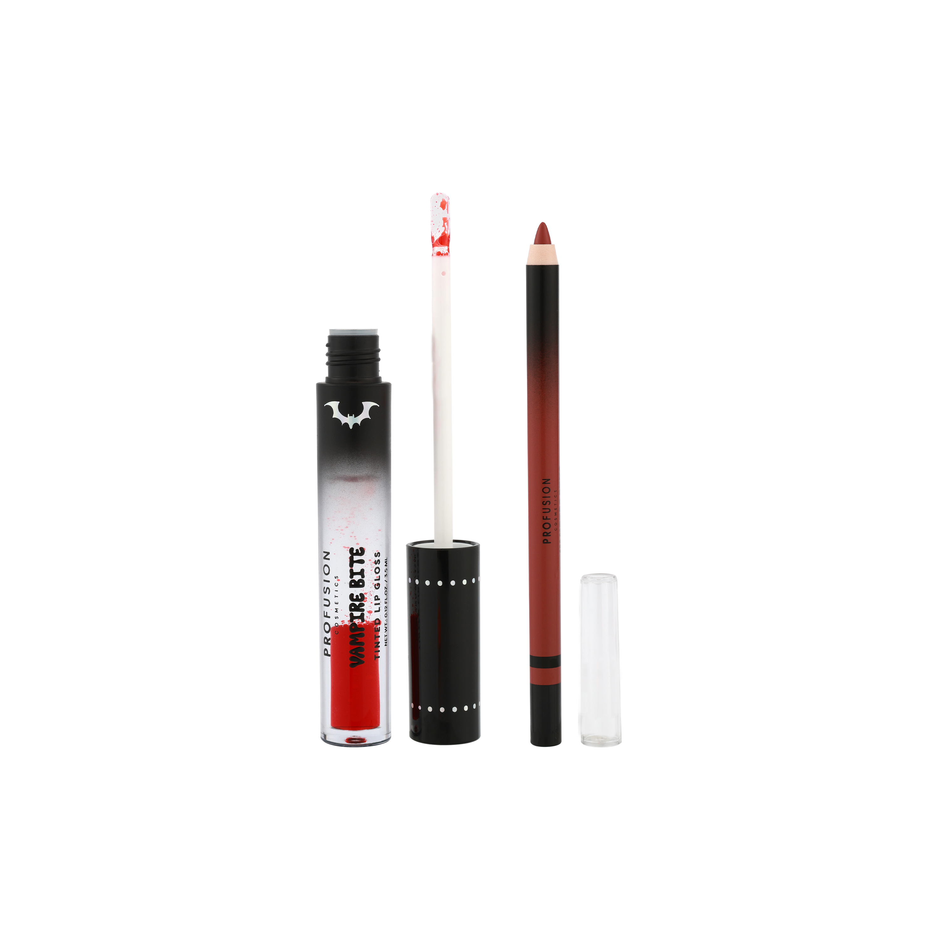 Profusion Cosmetics Monster Bash Vampire Bite tinted lip gloss and lip liner on lips, showcasing bold, dark lip makeup.