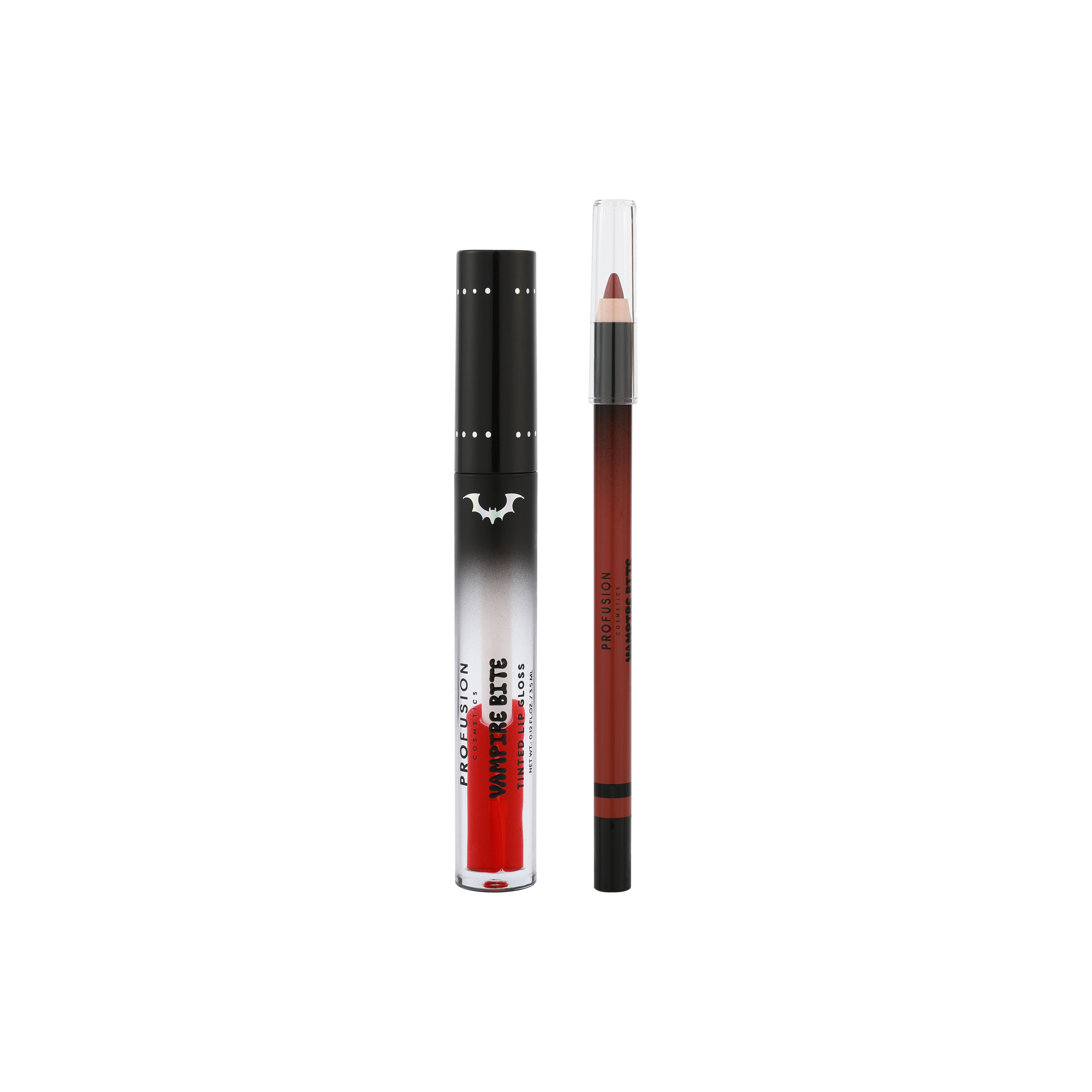 Profusion Cosmetics Monster Bash vampire bite tinted lip gloss and lip liner on lips, featuring bold, dark red lipstick and liner.