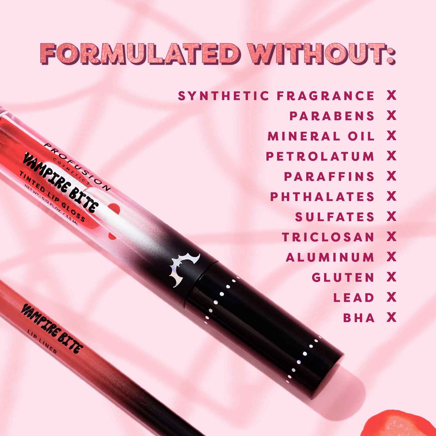 Profusion Cosmetics Monster Bash vampire bite tinted lip gloss and lip liner set on lips, showcasing dark, vampy lip color.