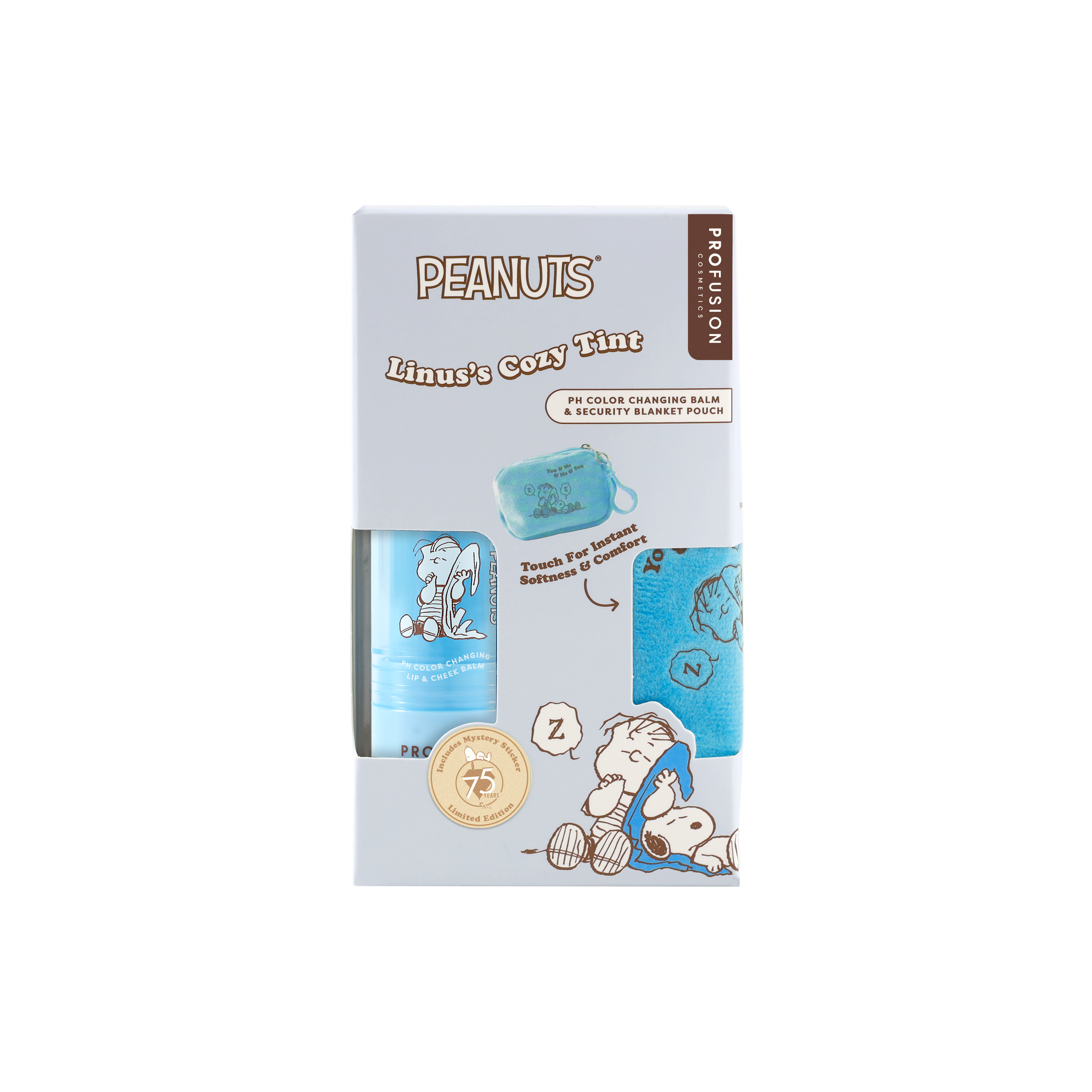 Profusion Cosmetics Peanuts 75th Linus’s Cozy Tint lip balm with color-changing formula and security blanket pouch.