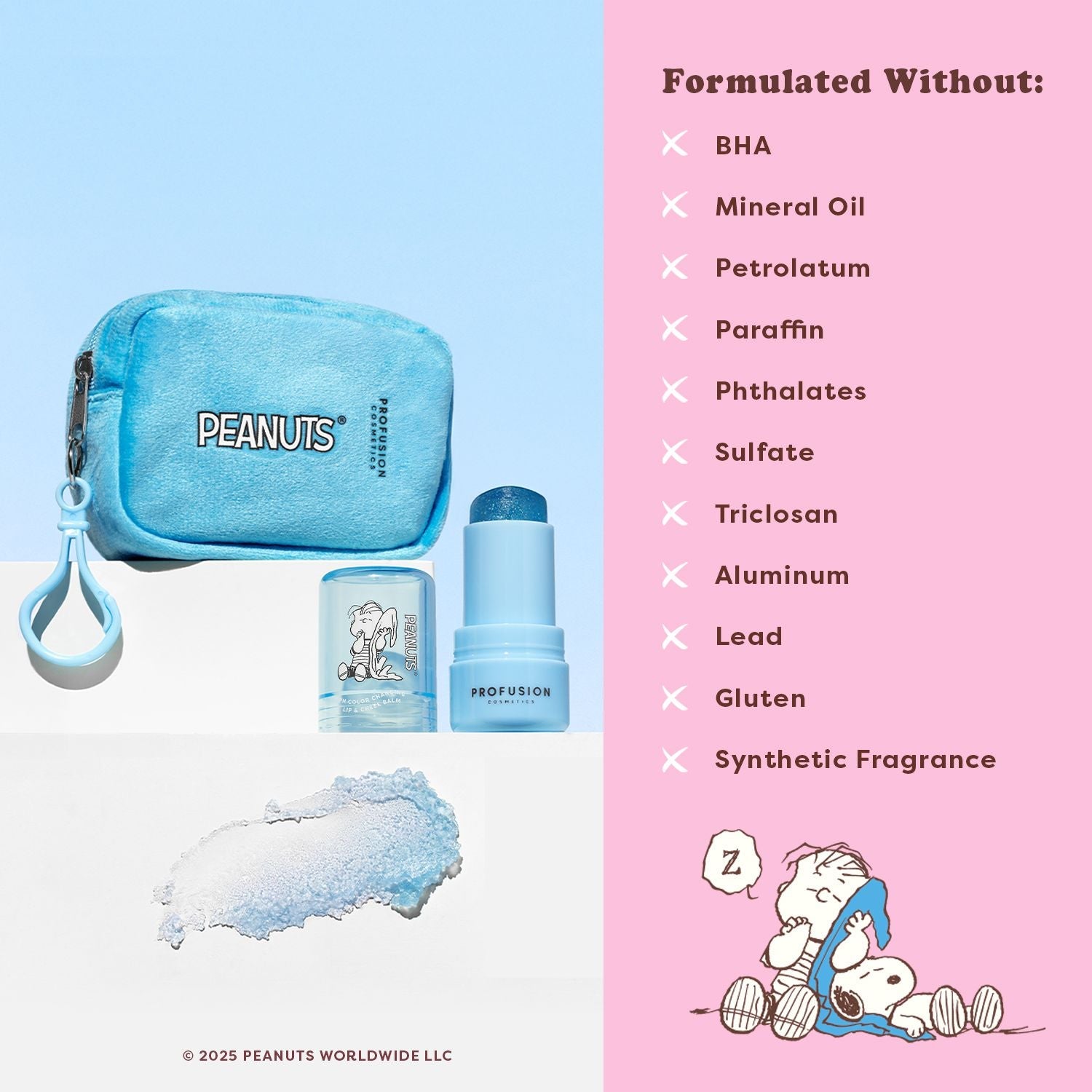 Profusion Cosmetics Peanuts 75th Linus's Cozy Tint lip balm in a security blanket pouch, featuring color-changing lip balm with Peanuts theme.