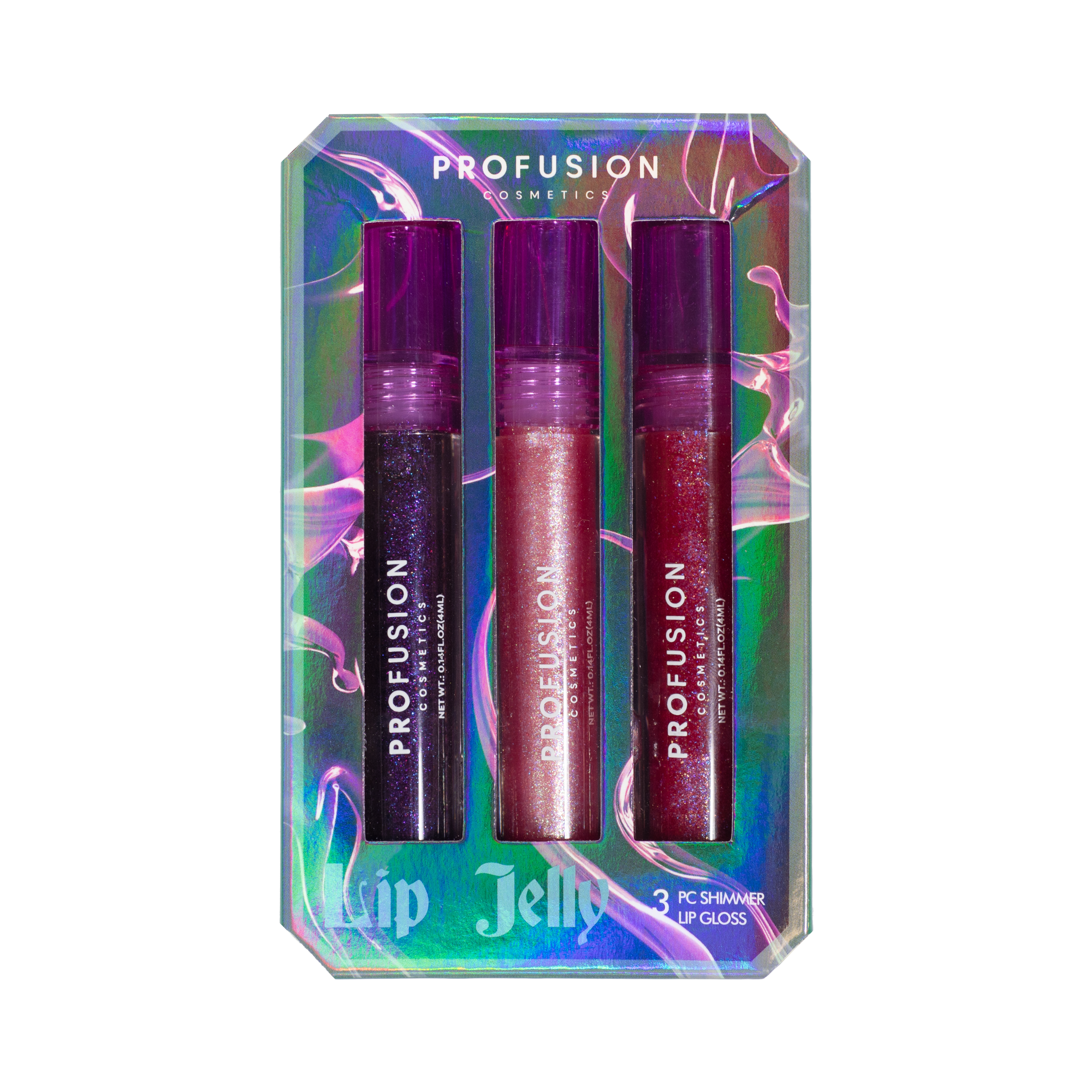 Profusion Cosmetics Sea Witch 3 PC shimmer lip gloss set, featuring glossy lips with shimmering, colorful lip glosses.