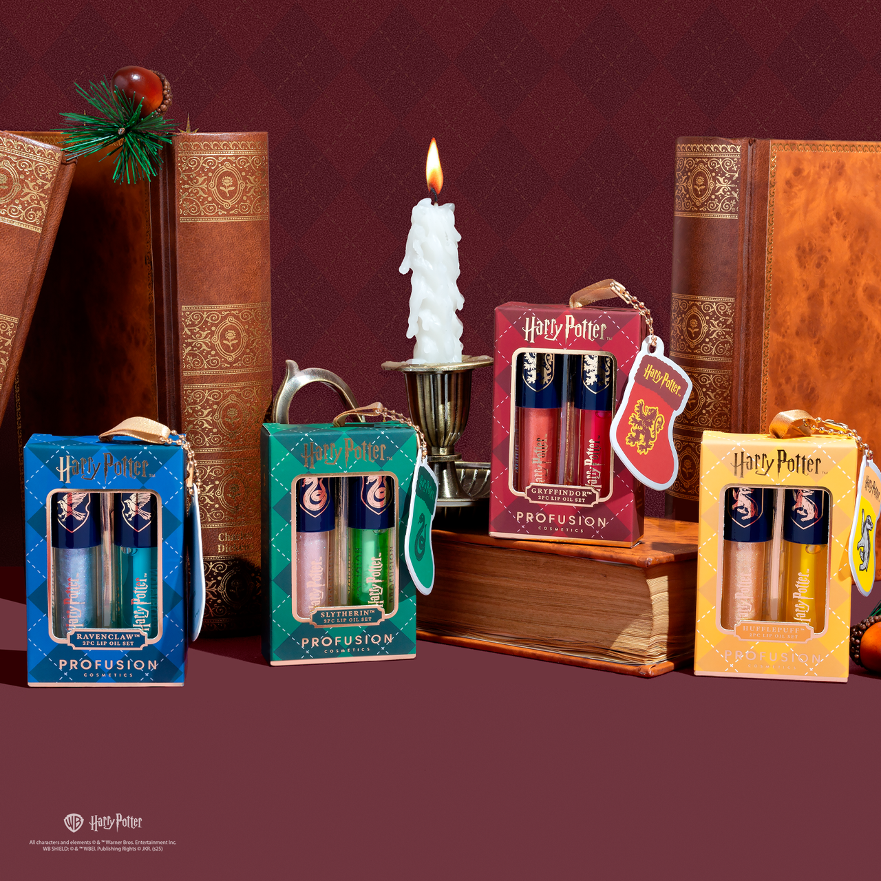 Profusion Cosmetics Harry Potter holiday lip duo set featuring Gryffindor, Slytherin, Hufflepuff, and Ravenclaw themed lip shades.