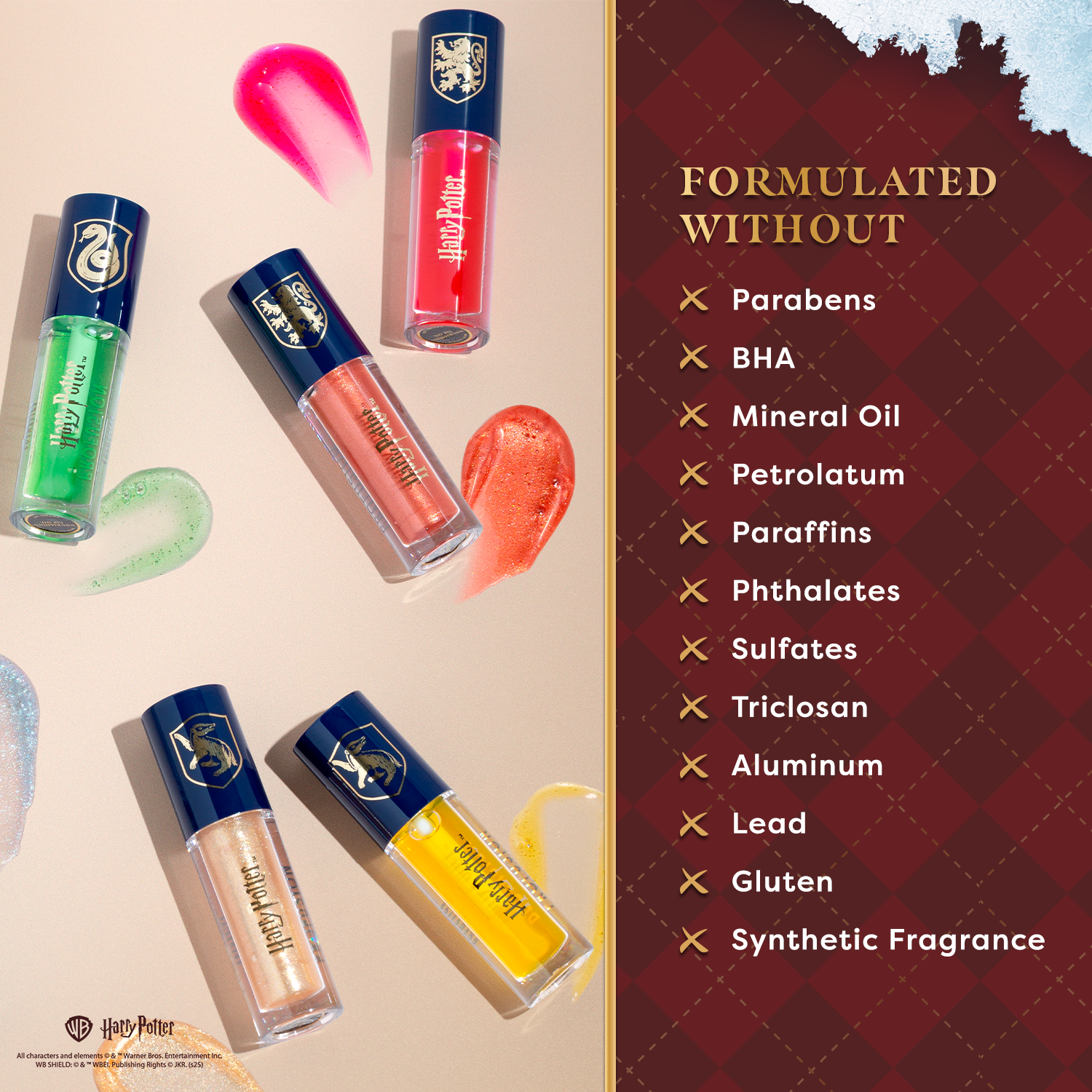 Profusion Cosmetics Harry Potter Holiday Gryffindor, Slytherin, Hufflepuff, Ravenclaw lip duo set with colorful lip shades.