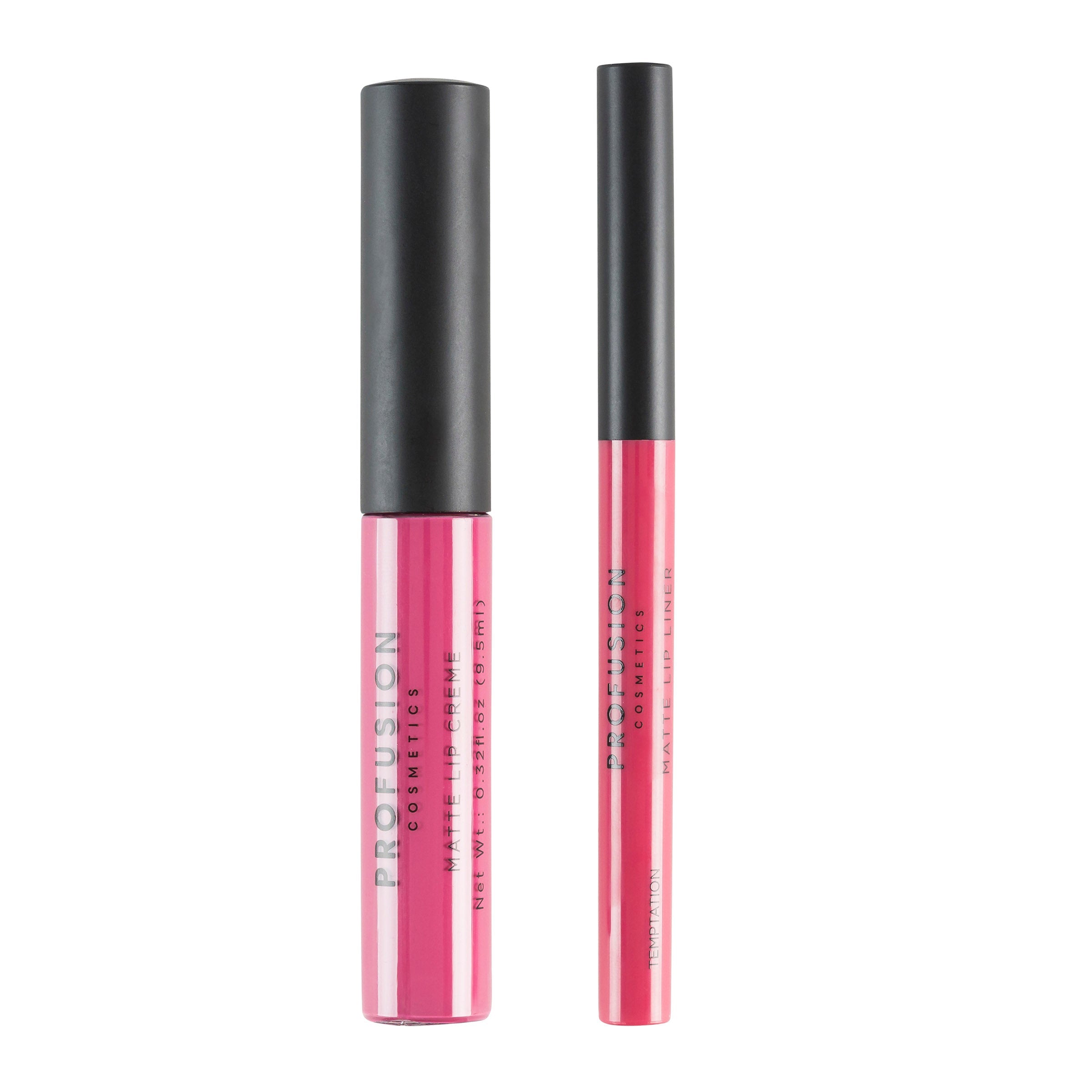 Profusion Cosmetics Lip Duo featuring two lip products with glossy and matte finishes, showcasing vibrant shades on the lips.