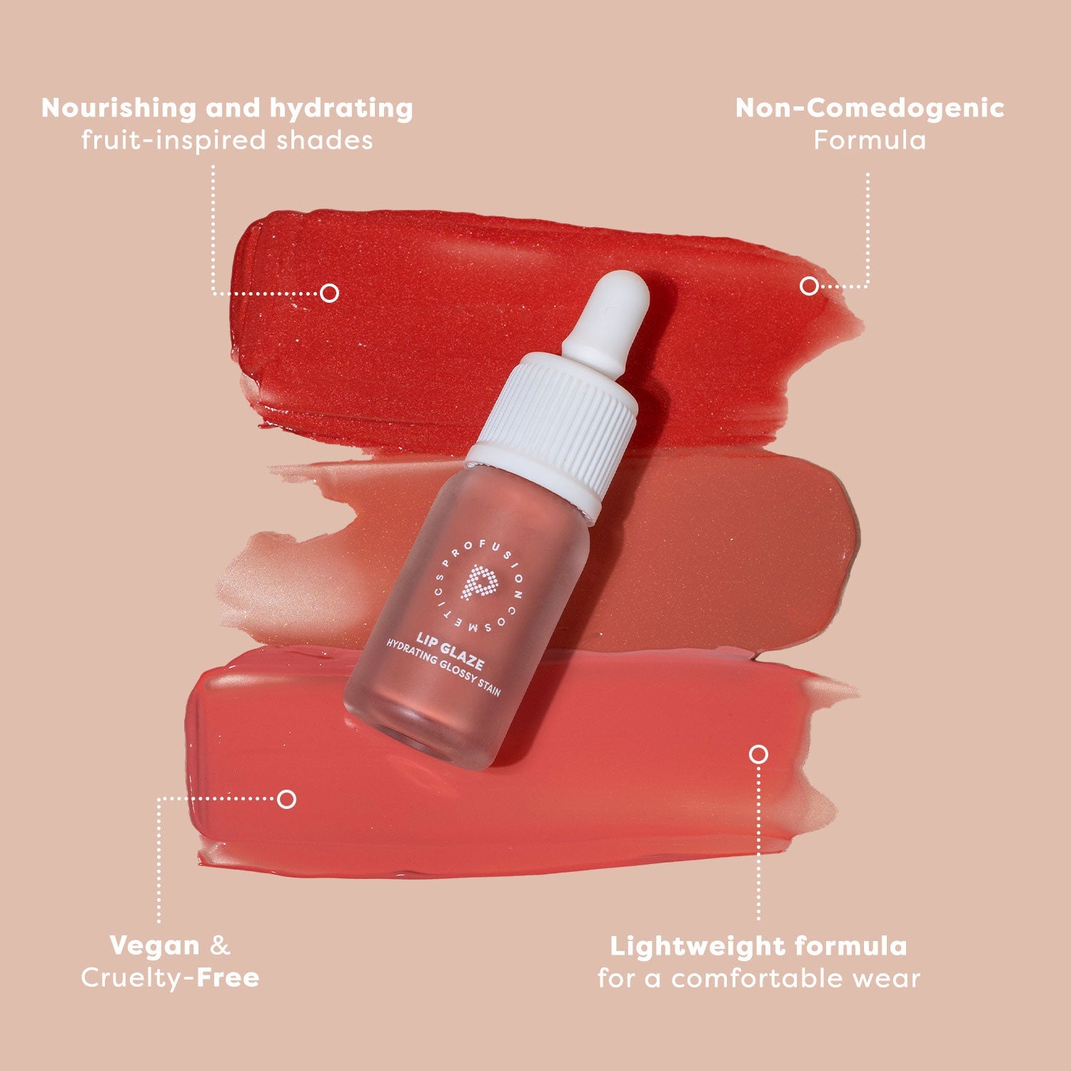 Profusion Cosmetics Lip Glaze Hydrating Lip Stain applied on lips in a glossy maple shade.