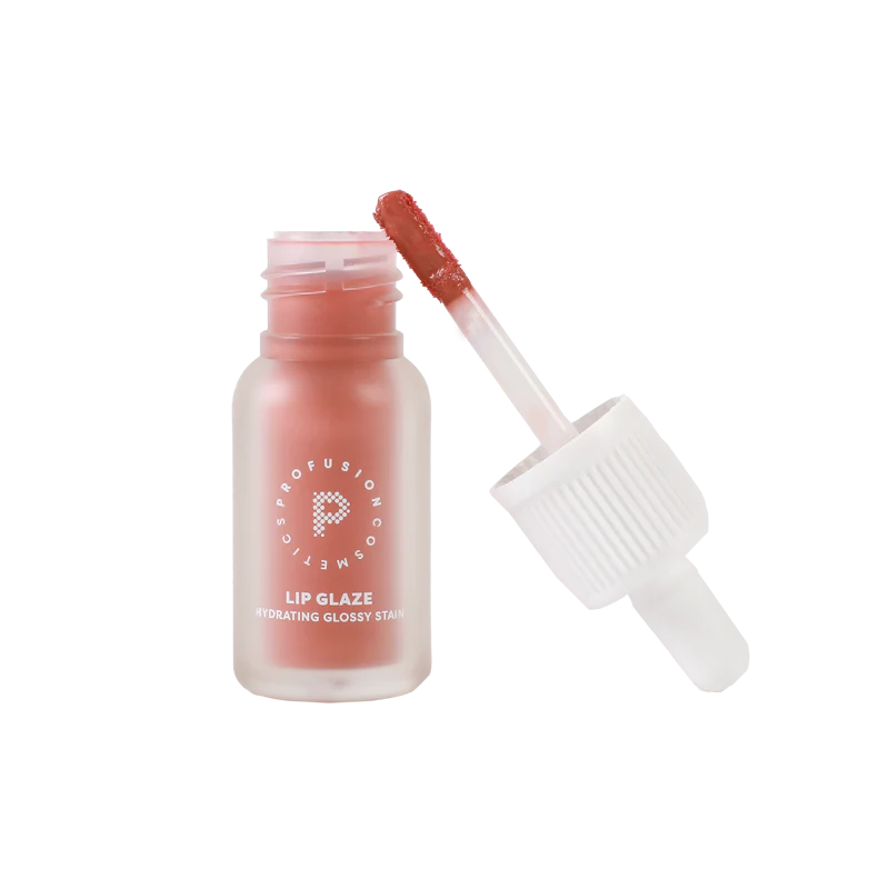 Profusion Cosmetics Lip Glaze Hydrating Lip Stain on lips, showcasing a glossy, natural finish with a hint of color.