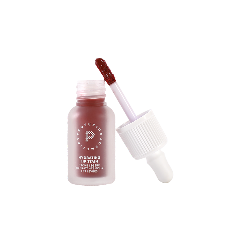 Profusion Cosmetics Lip Glaze Hydrating Lip Stain on lips with a glossy, natural finish in a warm maple shade.