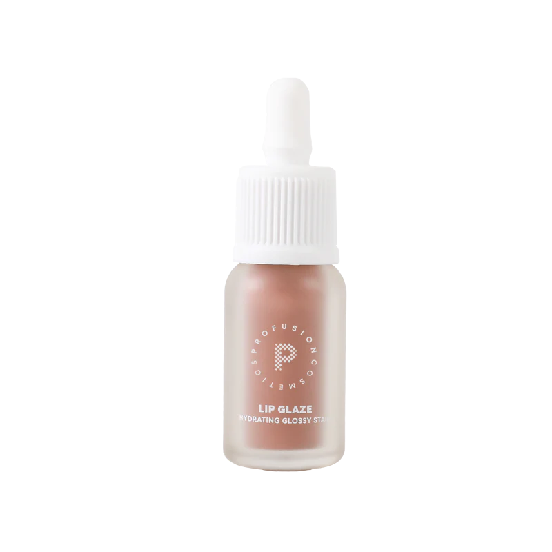 Profusion Cosmetics Lip Glaze Hydrating Lip Stain on lips, showcasing glossy, natural-looking finish with a hint of color.