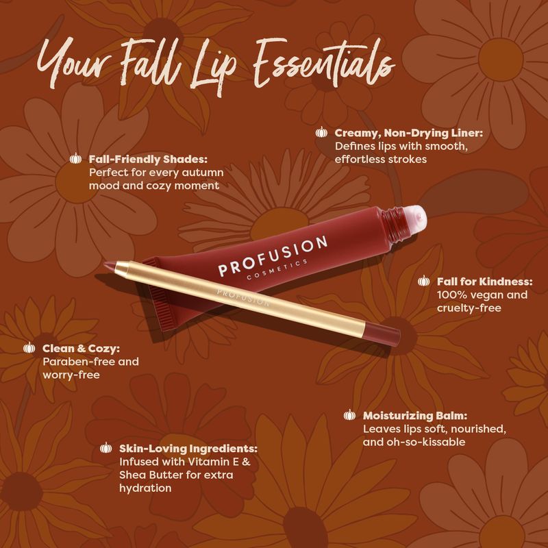Profusion Cosmetics Pumpkin Spice Cashmere Lips Duo with lip liner and balm, featuring warm pumpkin spice and maple sugar shades.