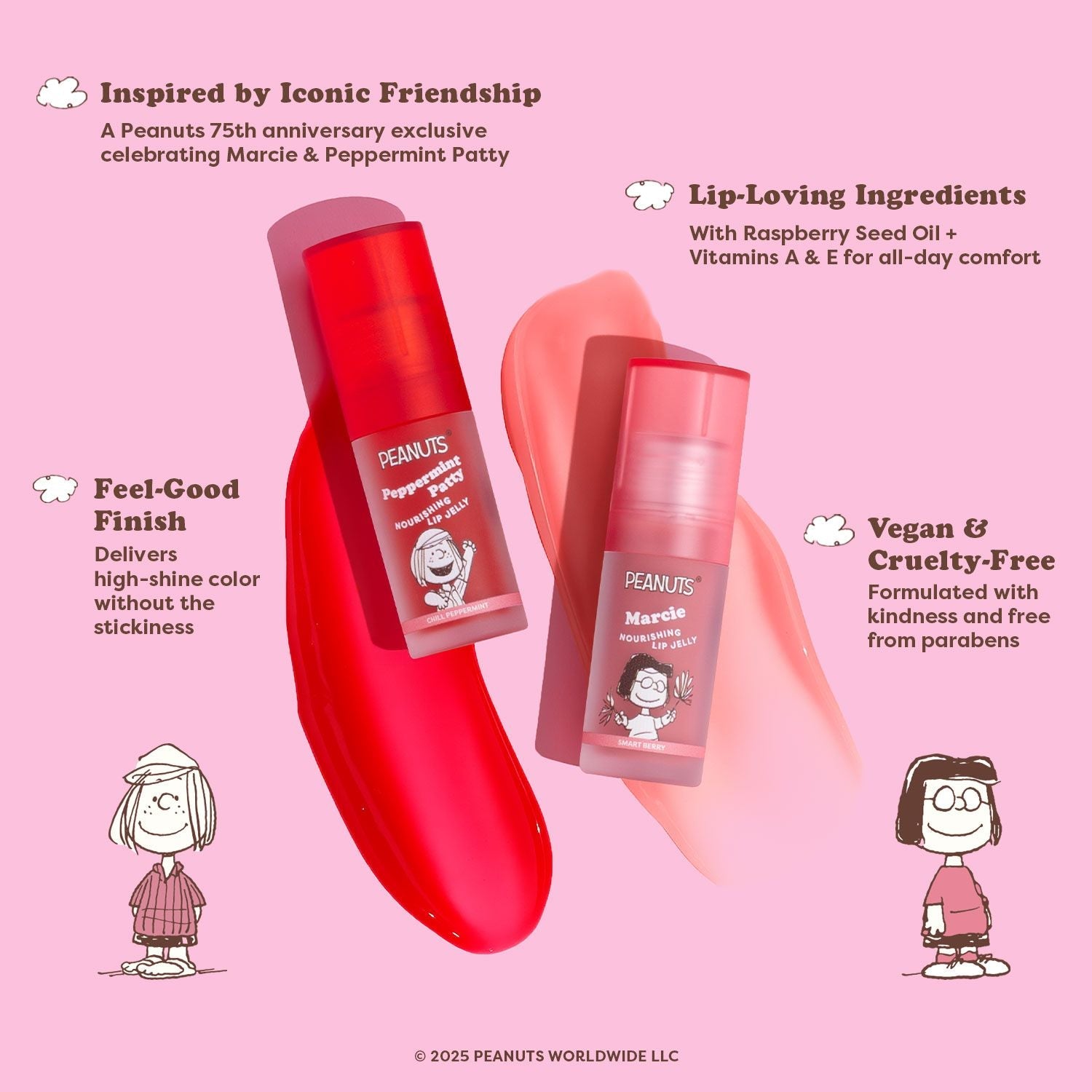 Profusion Cosmetics Peanuts 75th Nourishing Lip Jelly in a clear jar, showcasing shiny, moisturizing lips with peanut-inspired flavor.