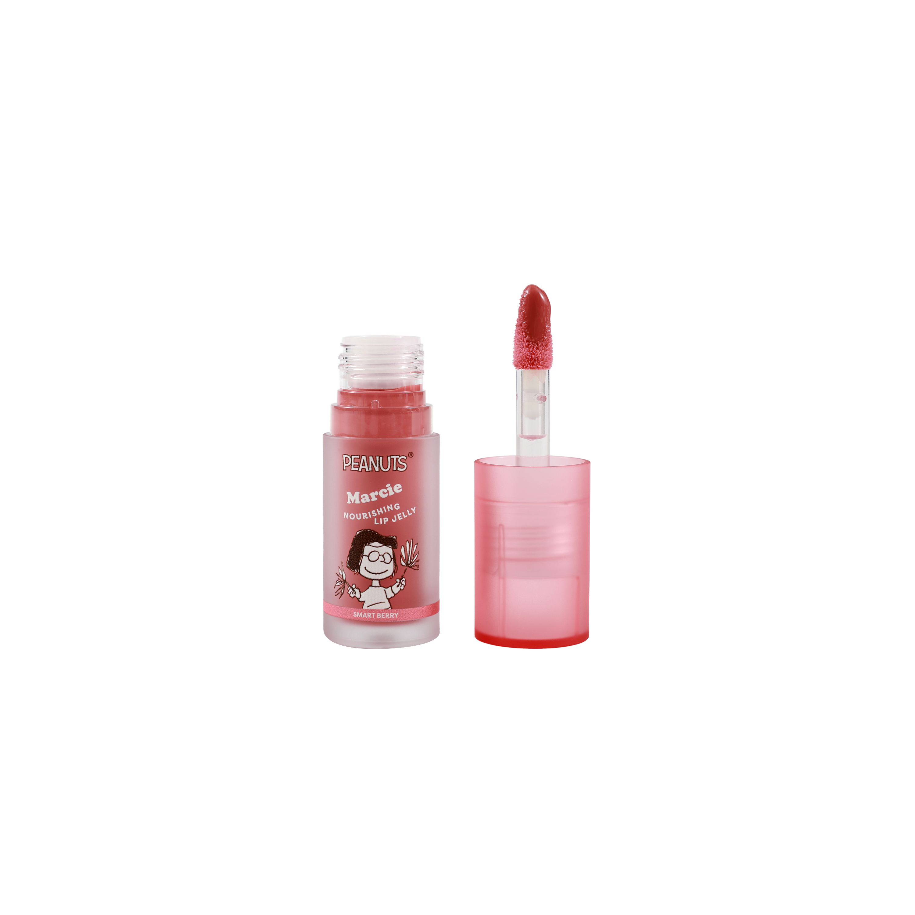 Profusion Cosmetics Peanuts 75th Nourishing Lip Jelly on lips, showcasing glossy finish and moisturizing texture.