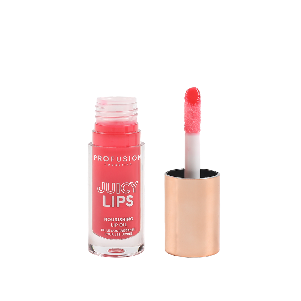 Profusion Cosmetics Juicy Lips in Radiant Rose, close-up of glossy pink lips with shiny finish.