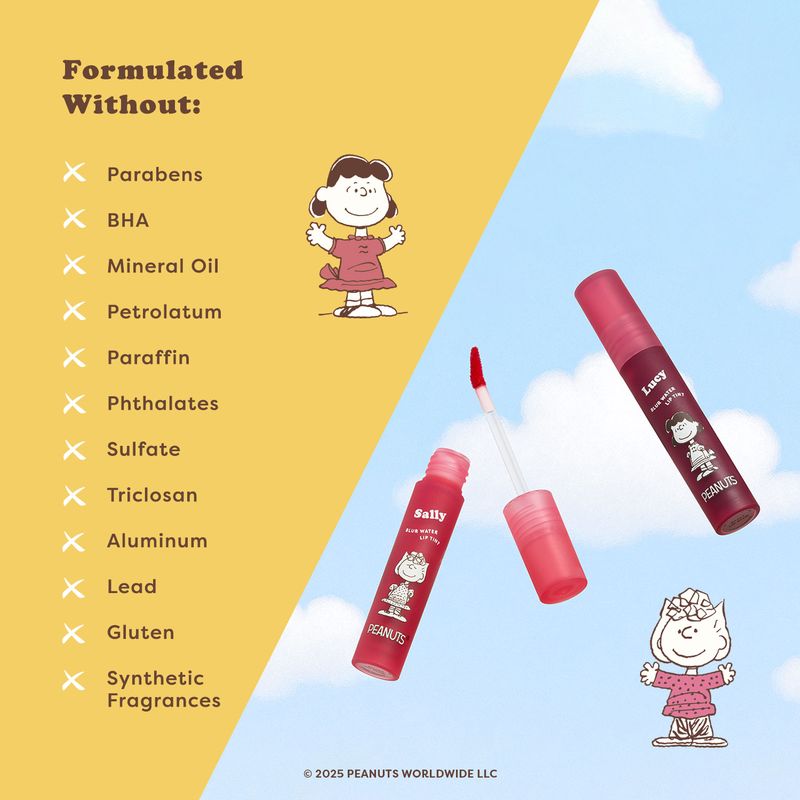 Profusion Cosmetics Peanuts 75th Blur Water Lip Tint on lips, showcasing a vibrant, glossy lip color with a smooth finish.