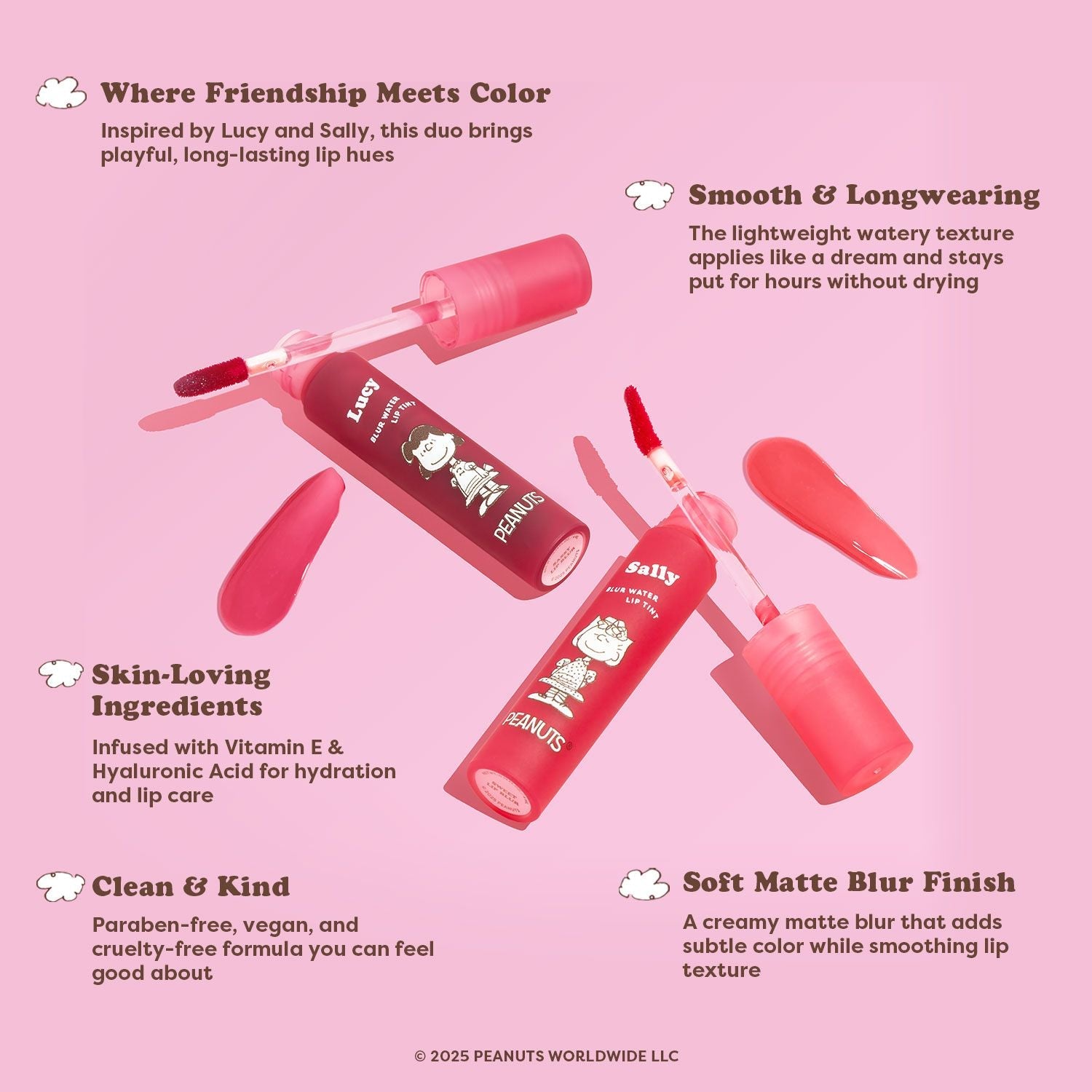 Profusion Cosmetics Peanuts 75th Blur Water Lip Tint on lips, showcasing a smooth, glossy pink lip color.