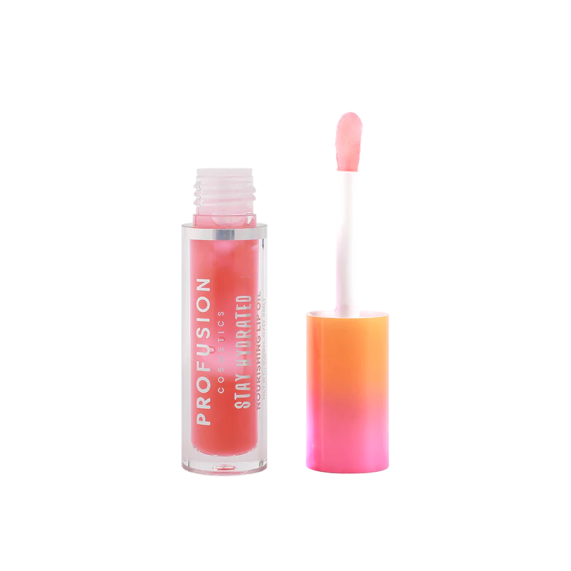 Profusion Cosmetics Stay Hydrating Nourishing Lip Oil applied on lips, providing a glossy, healthy look with a subtle tint.