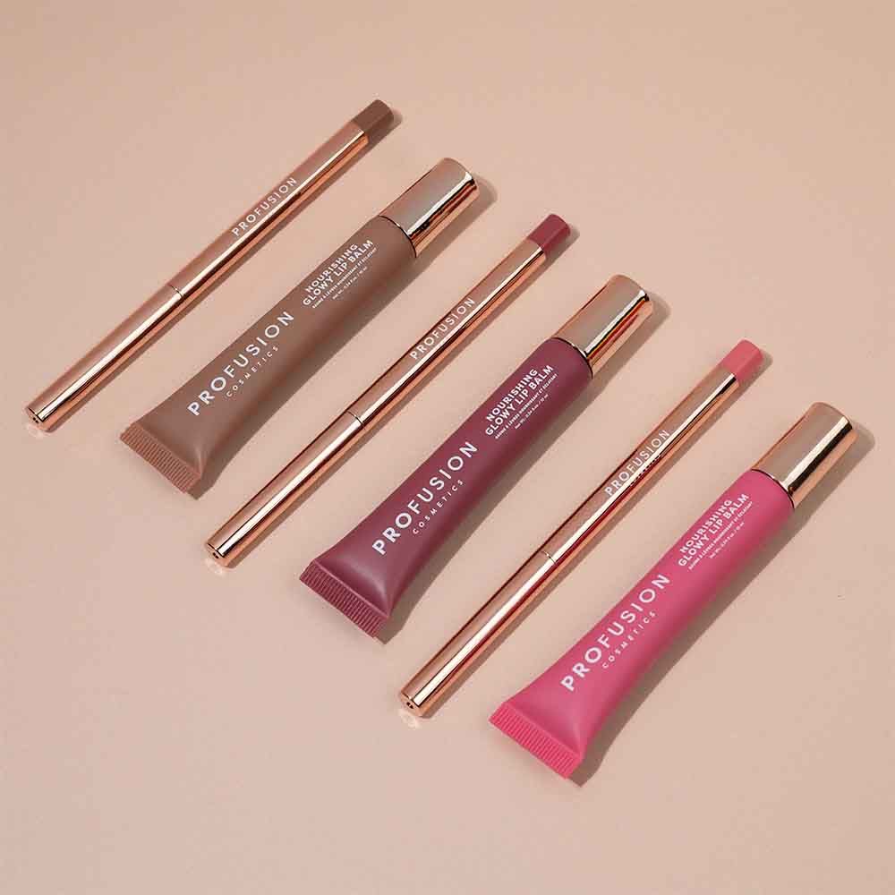 Profusion Cosmetics Lip Treat Duo with soft matte lip liner and nourishing glowy lip balm in natural shades.