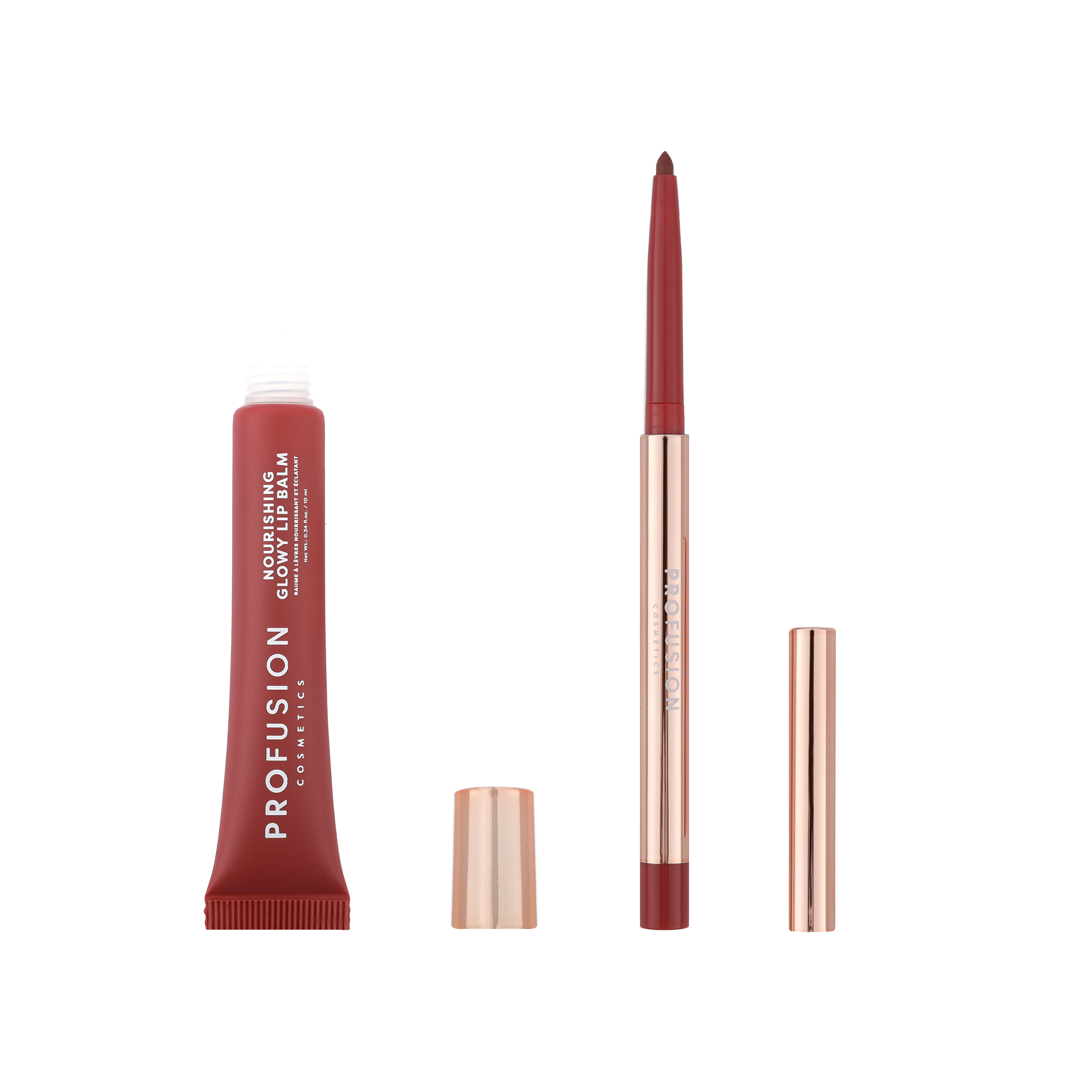 Profusion Cosmetics Lip Treat Duo featuring soft matte creamy lip liner and nourishing glowy lip balm in cappuccino kiss.