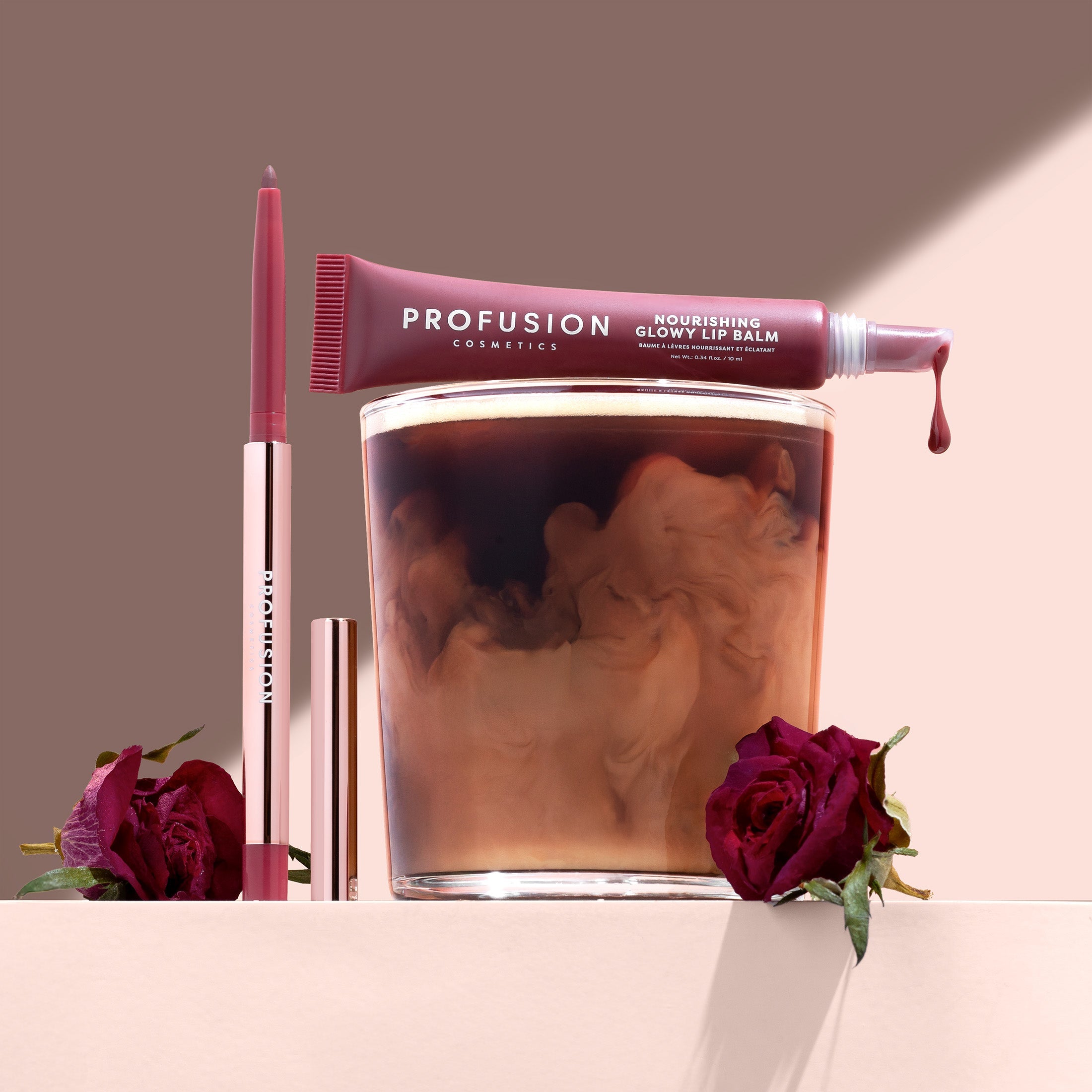 Profusion Cosmetics Lip Treat Duo with soft matte lip liner and nourishing glowy lip balm, featuring cappuccino kiss shade.