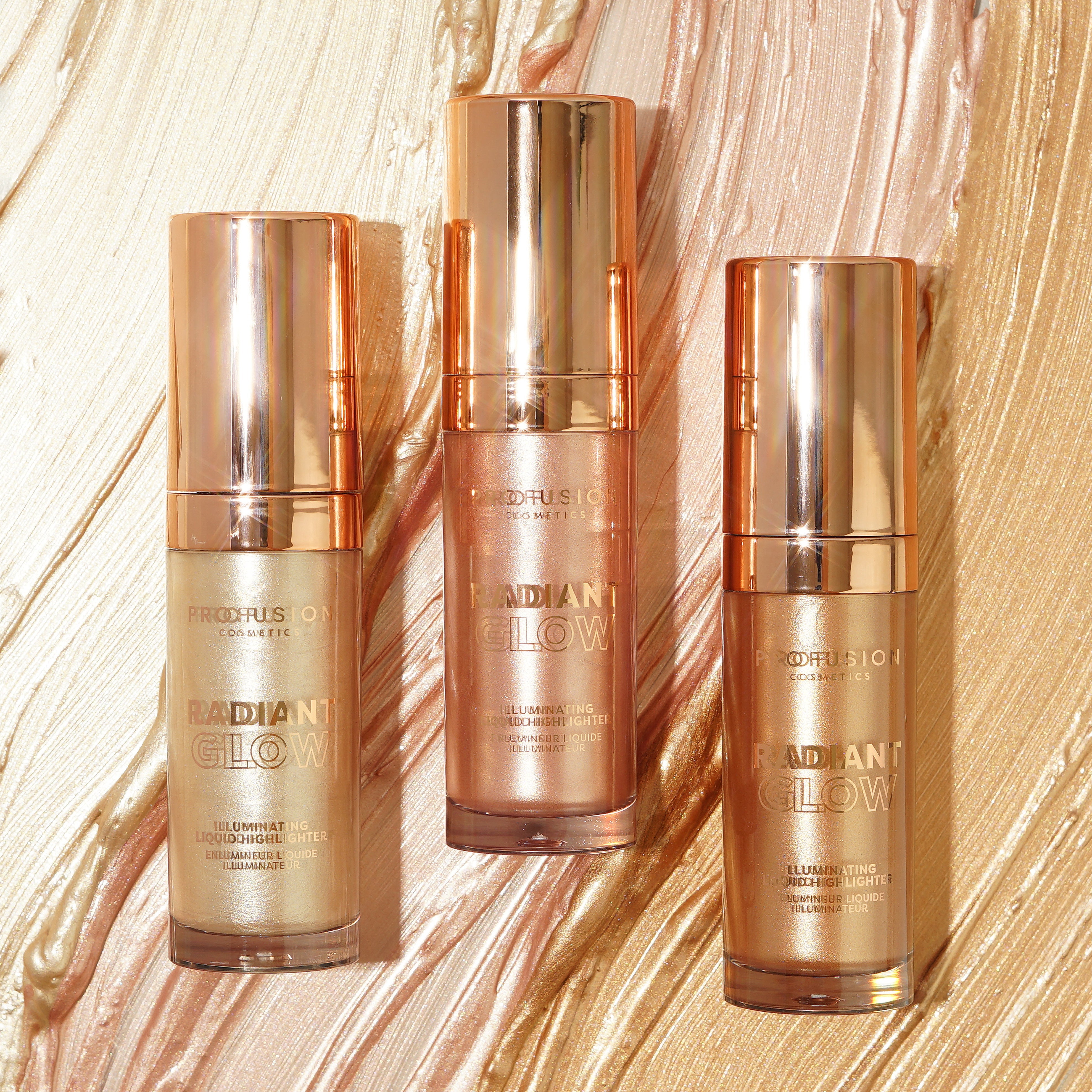 Profusion Cosmetics Radiant Glow Illuminating Liquid Highlighter in champagne shade, showcasing its shimmering liquid formula.
