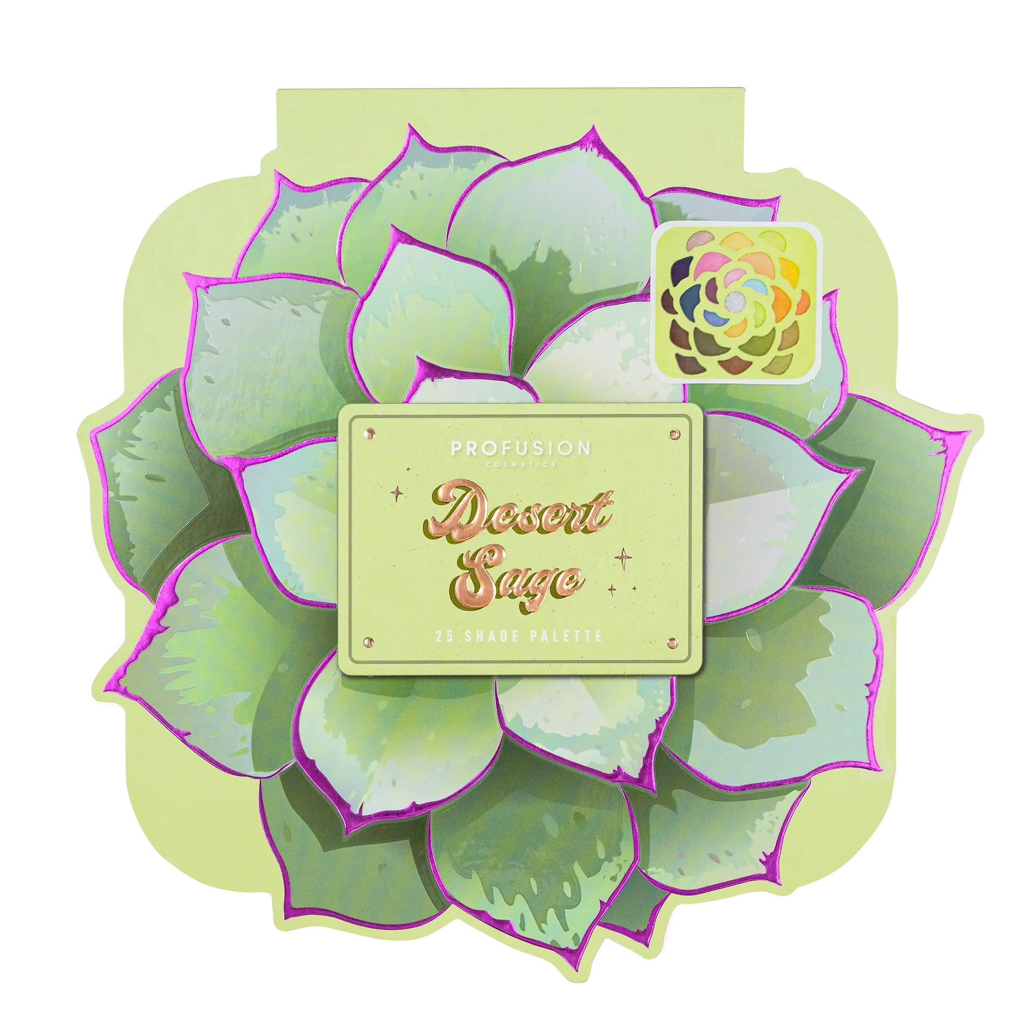 Profusion Cosmetics Desert Sage 25-Shade Makeup Palette with brushes, featuring natural earthy tones and a variety of eye and face shades.